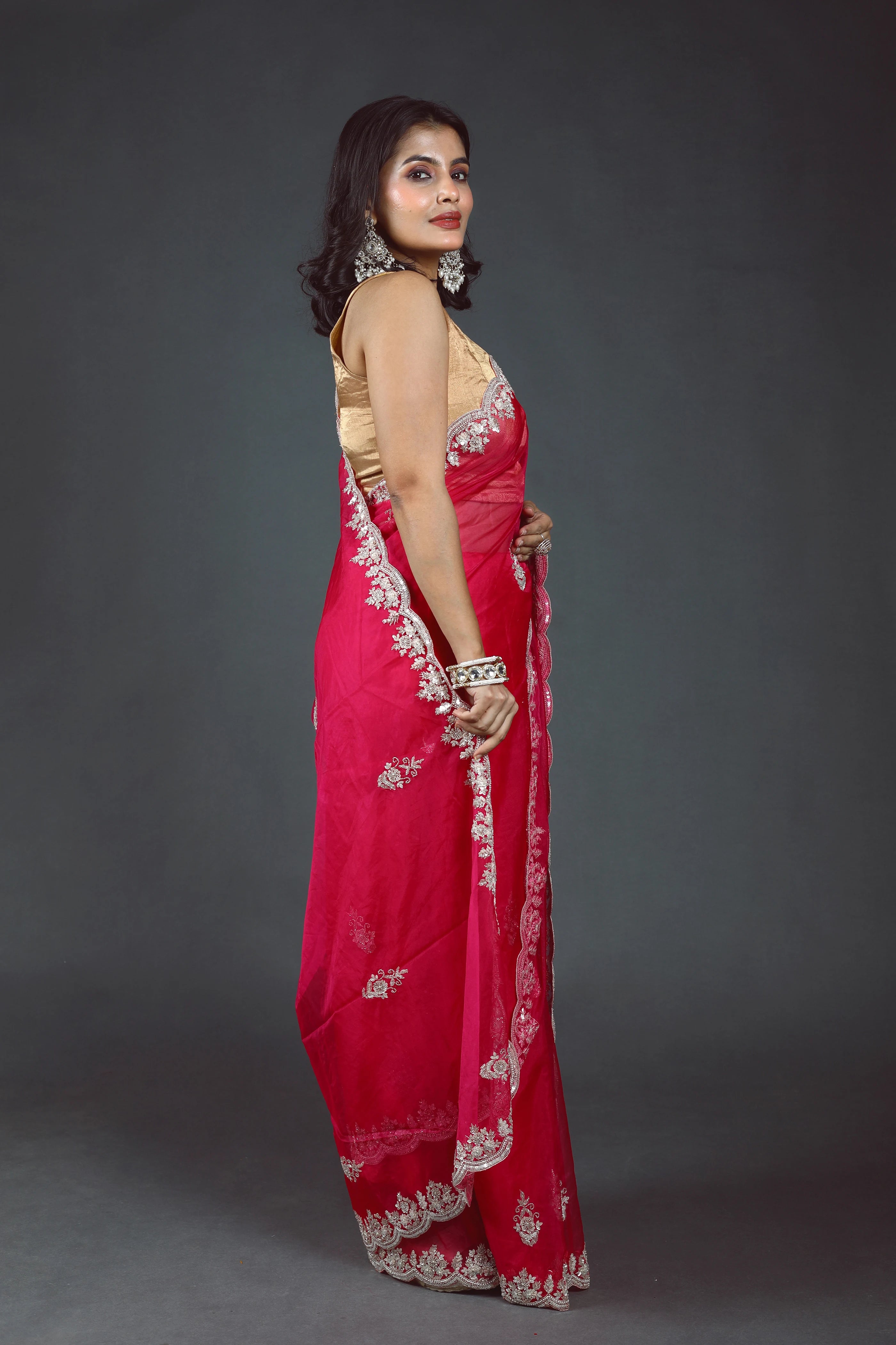 Phusia Pink Semi Organza Zardosi Work Saree With Blouse Piece