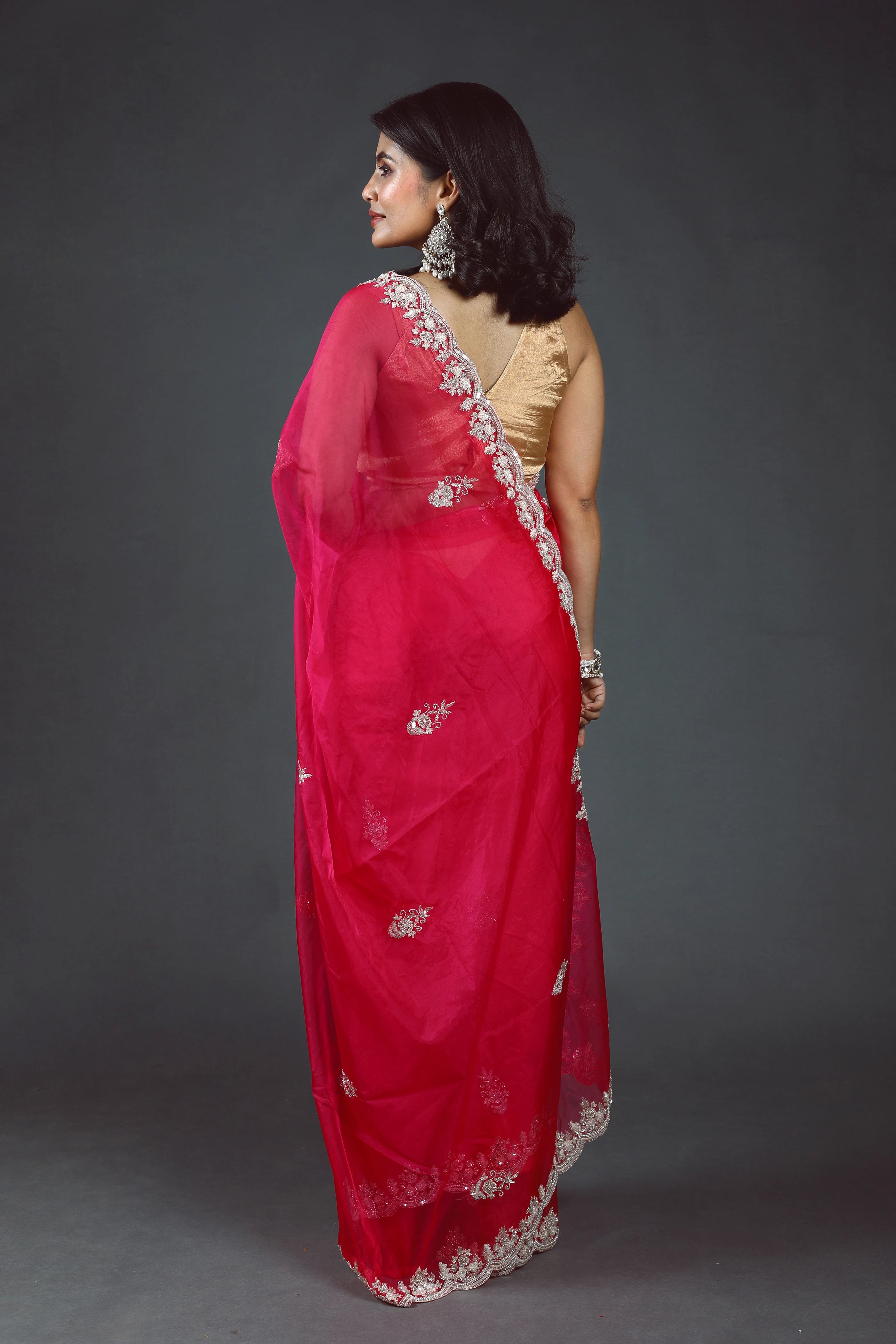Phusia Pink Semi Organza Zardosi Work Saree With Blouse Piece