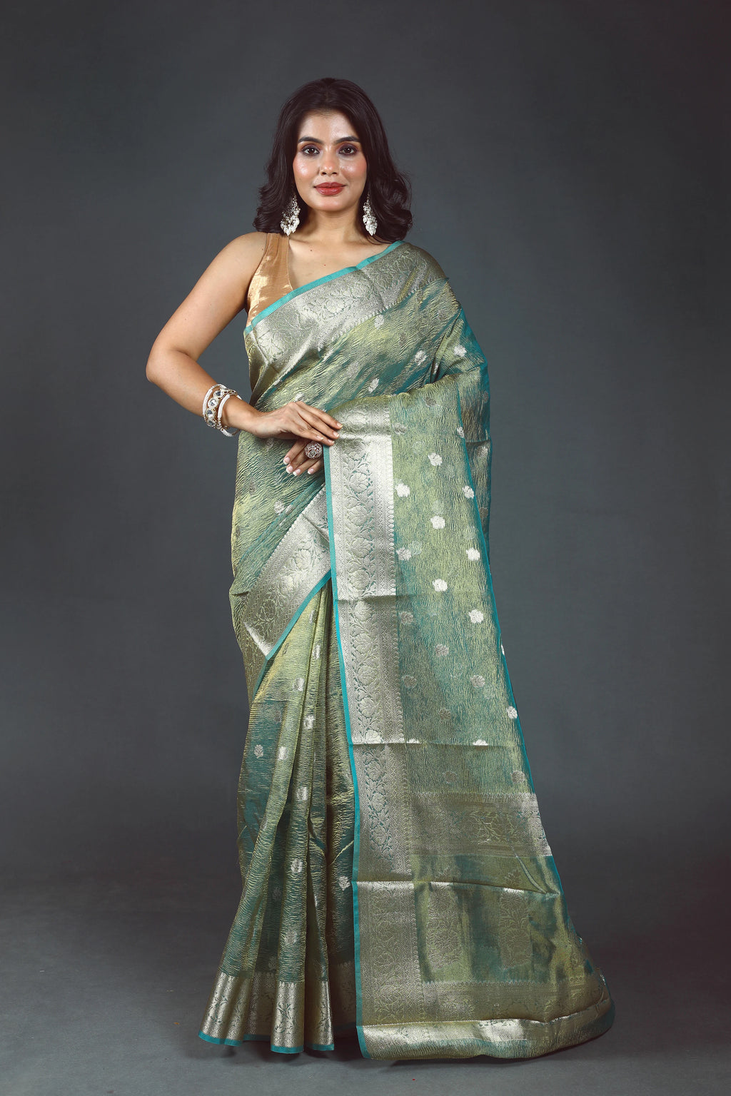 Sky Blue Semi Crush Tissue Banarasi Saree With Blouse Piece