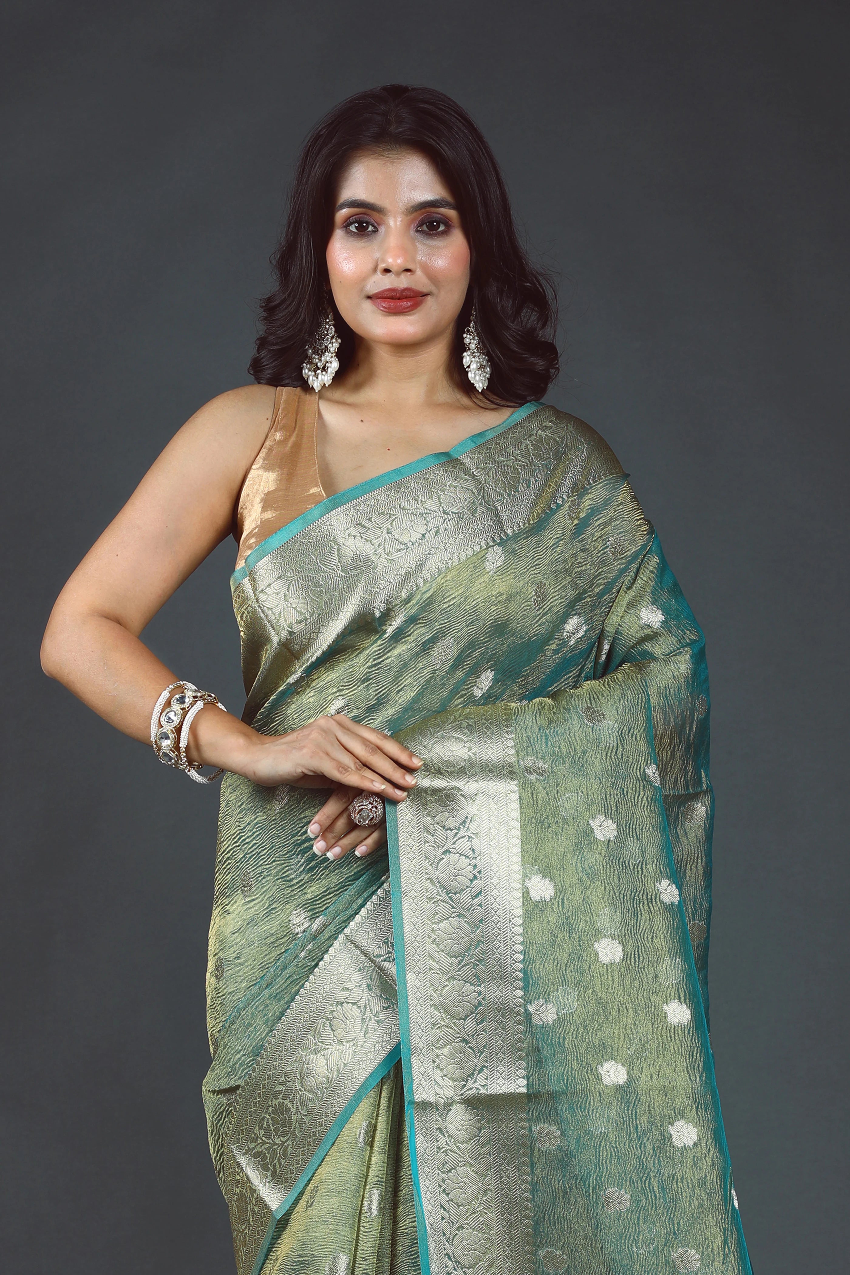 Sky Blue Semi Crush Tissue Banarasi Saree With Blouse Piece