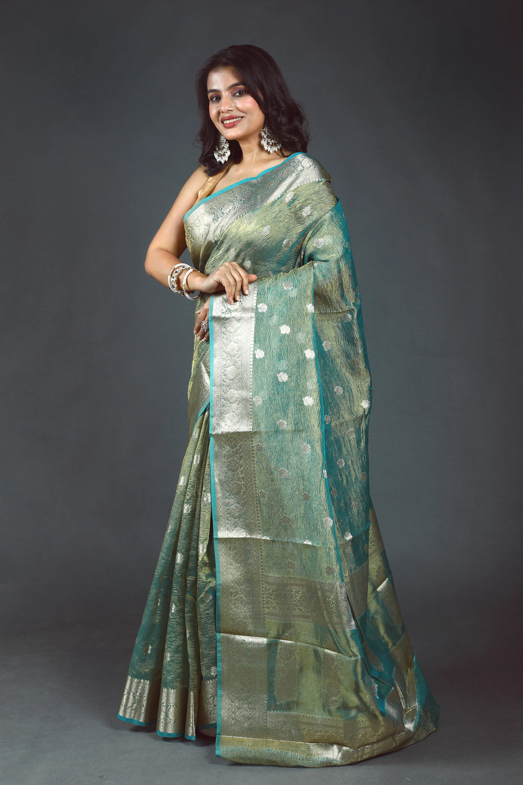 Sky Blue Semi Crush Tissue Banarasi Saree With Blouse Piece