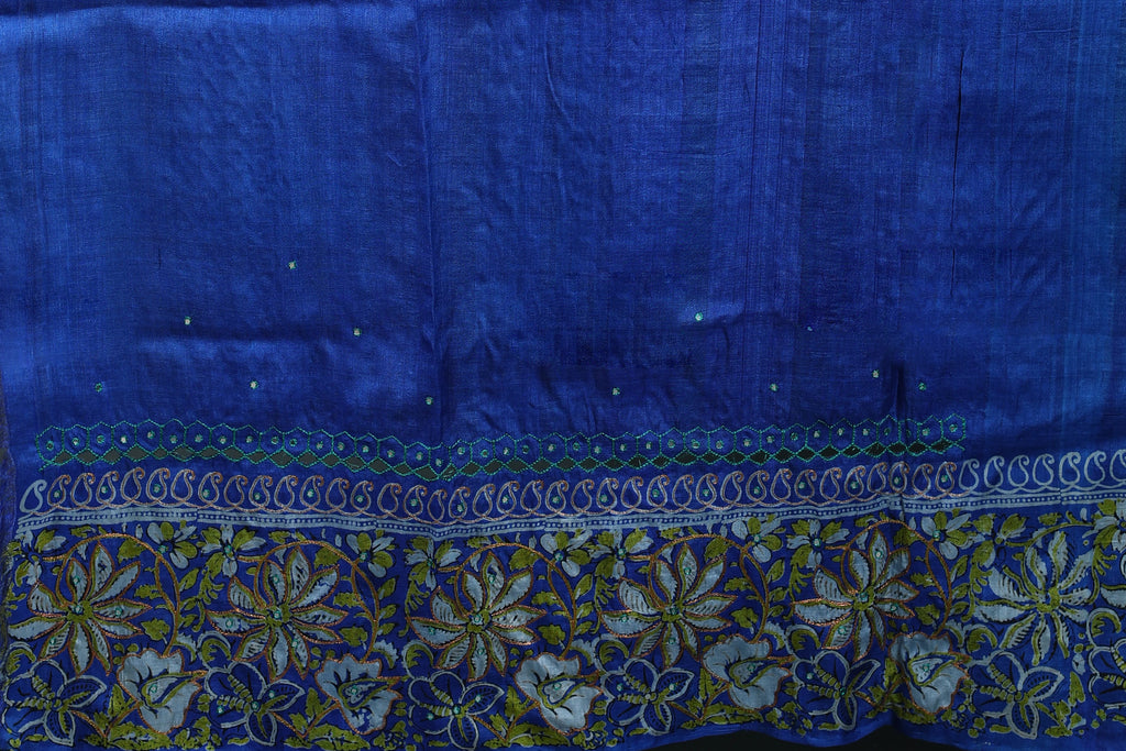 Teal Green Pure Tussar Cutwork Saree With Blouse Piece