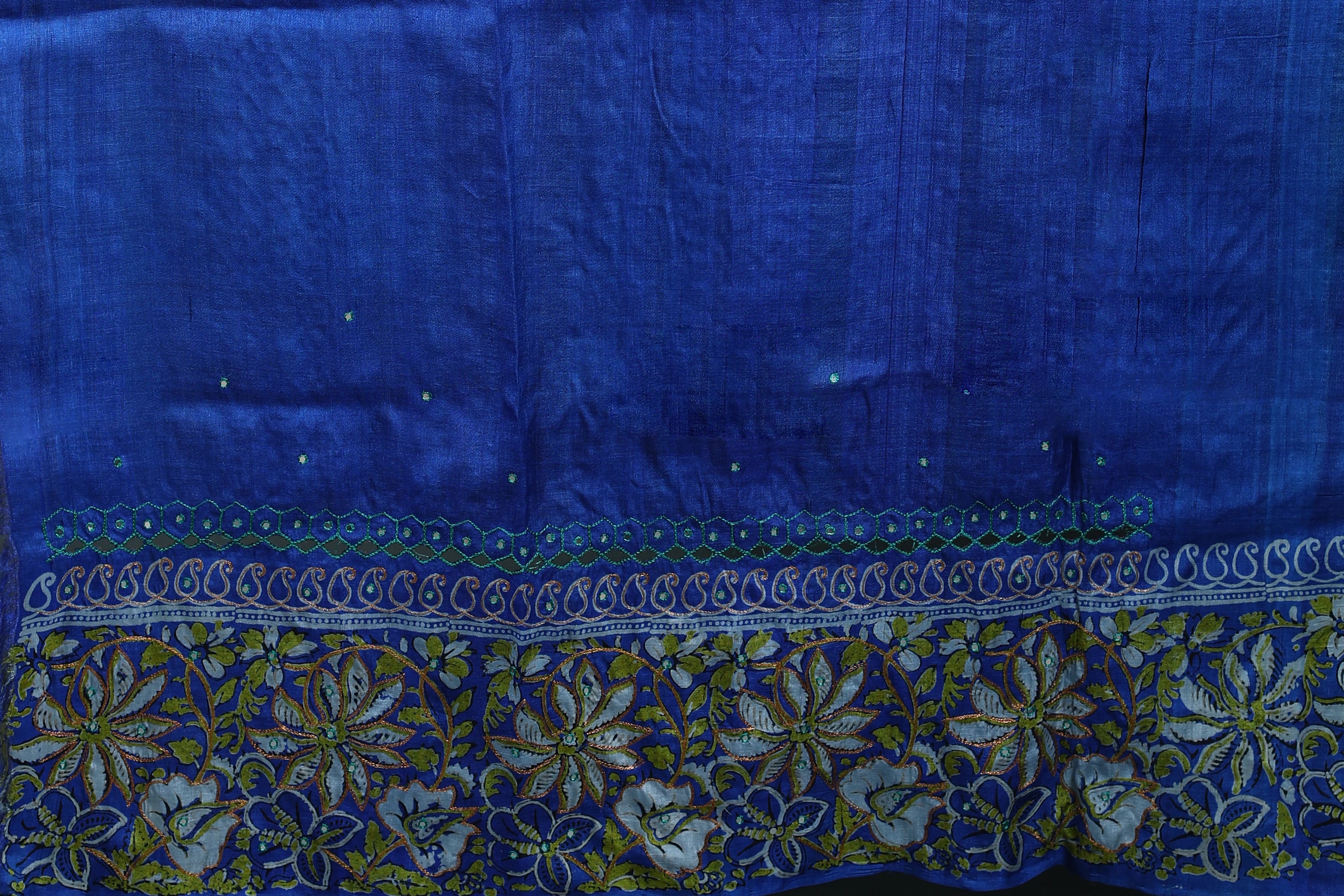 Teal Green Pure Tussar Cutwork Saree With Blouse Piece