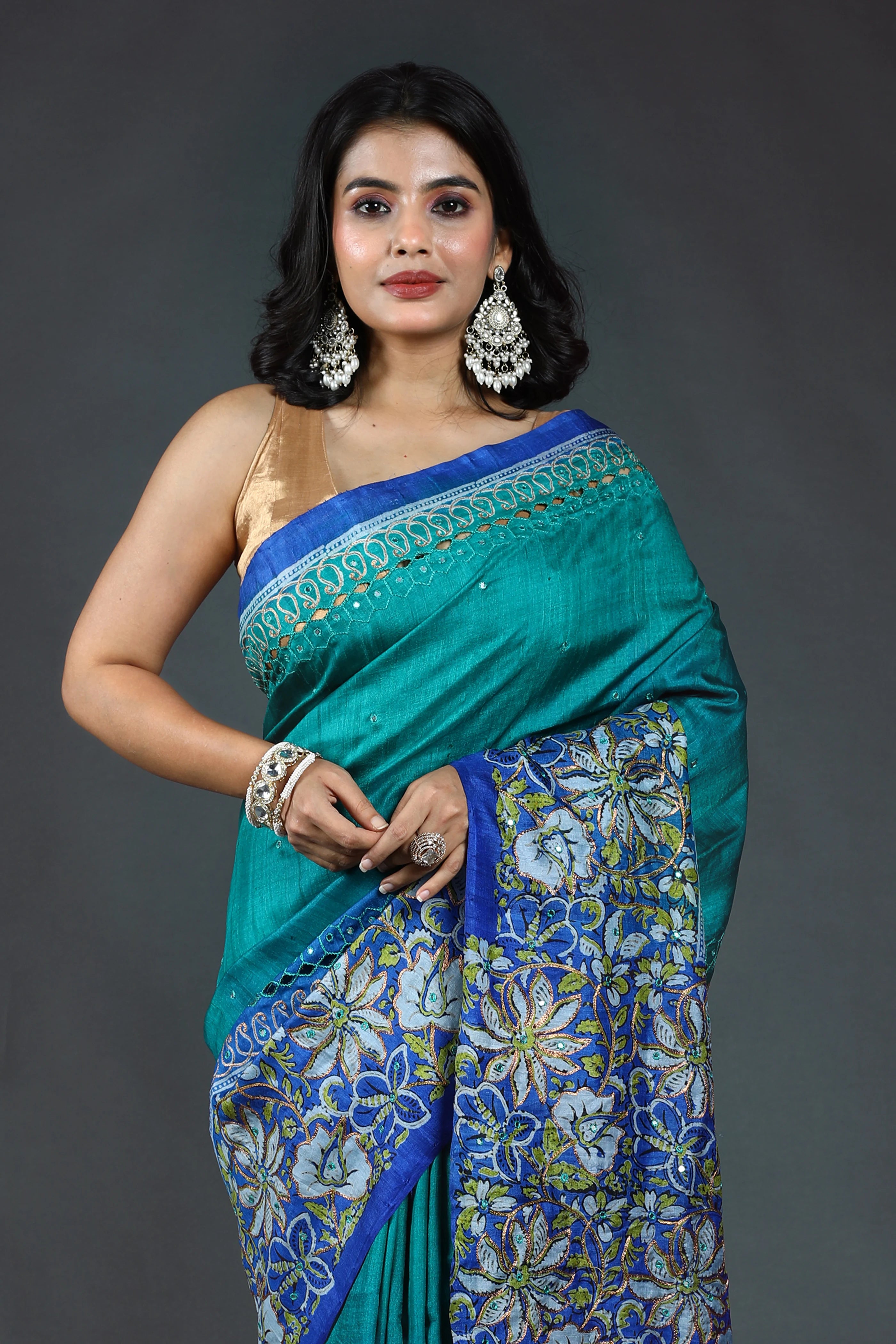 Teal Green Pure Tussar Cutwork Saree With Blouse Piece