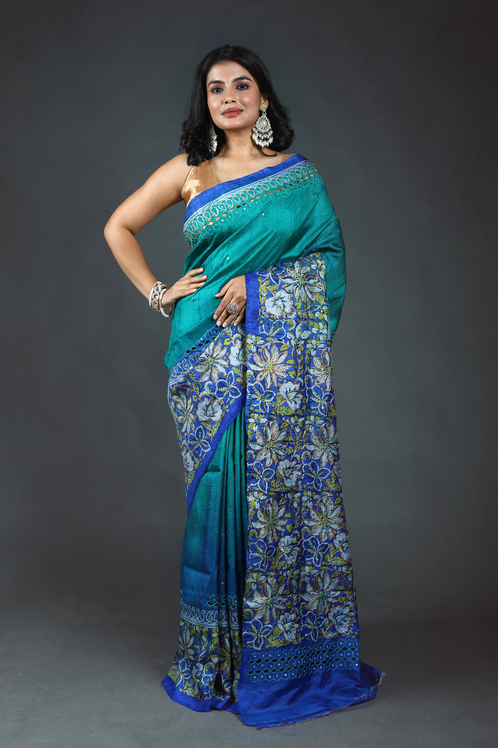Teal Green Pure Tussar Cutwork Saree With Blouse Piece