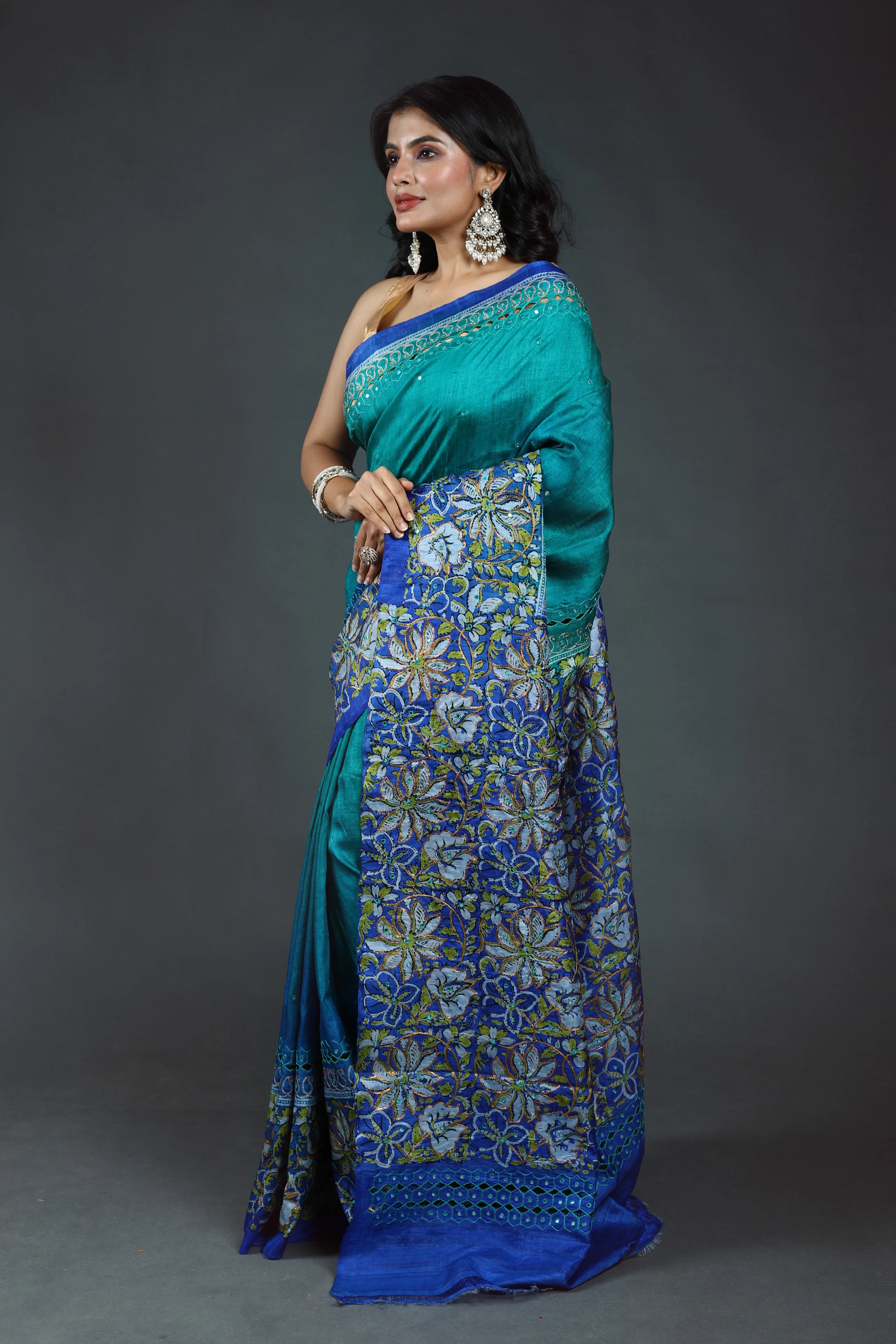 Teal Green Pure Tussar Cutwork Saree With Blouse Piece