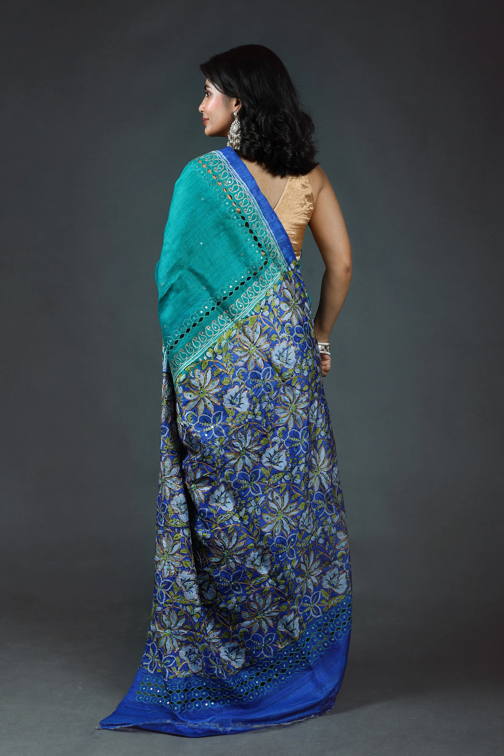 Teal Green Pure Tussar Cutwork Saree With Blouse Piece