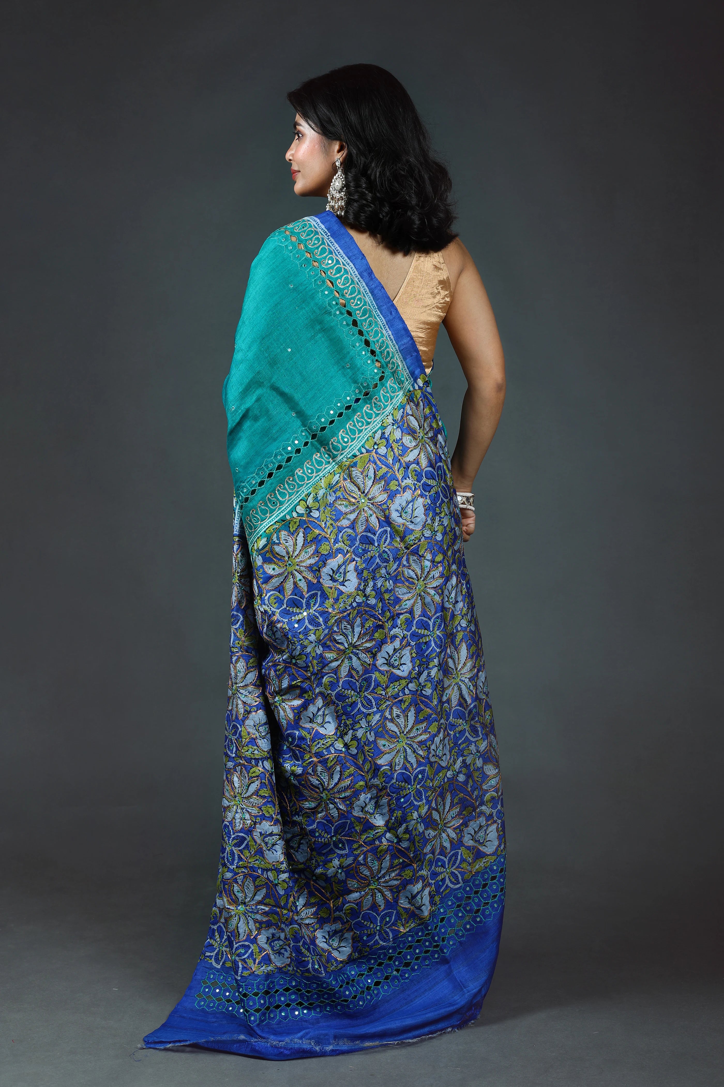Teal Green Pure Tussar Cutwork Saree With Blouse Piece