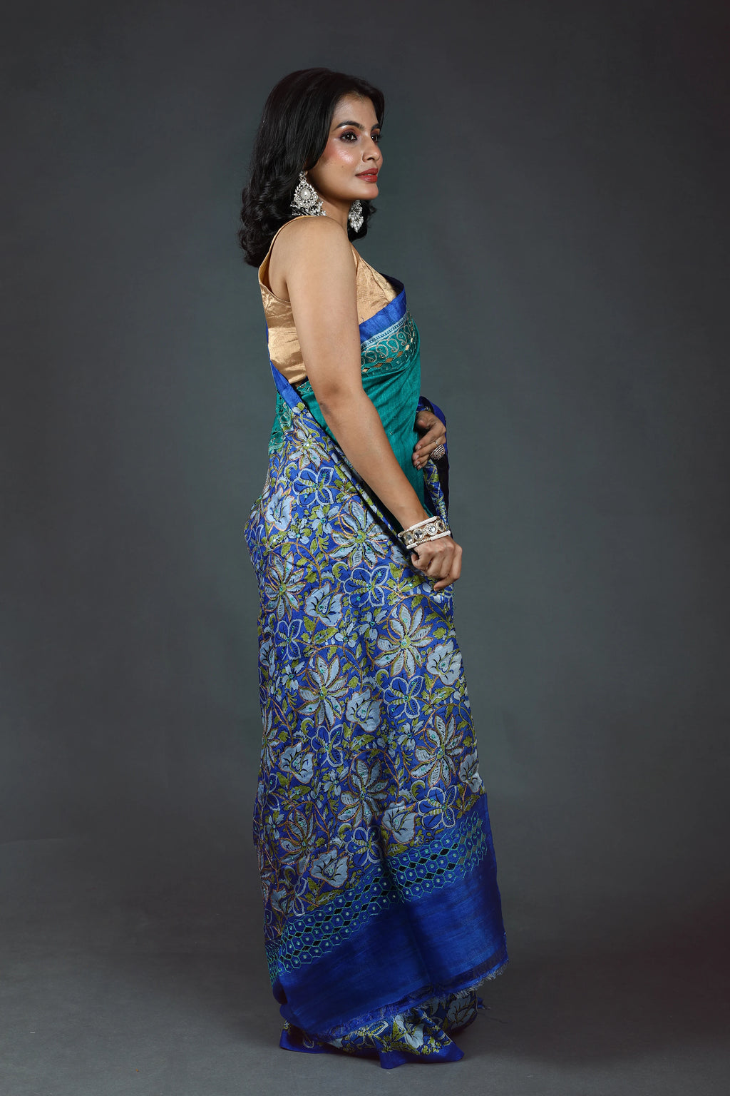 Teal Green Pure Tussar Cutwork Saree With Blouse Piece