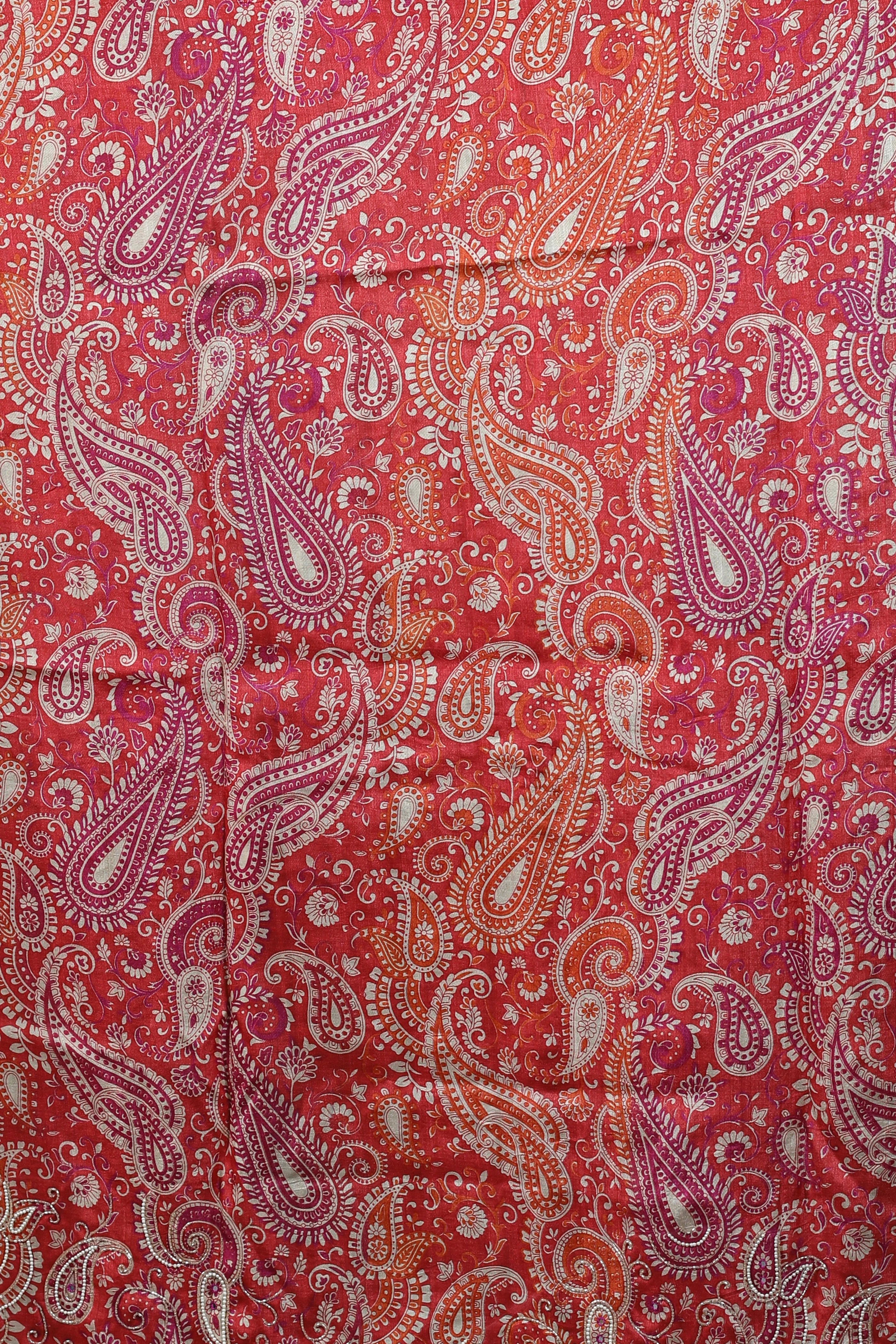 Red Pure Tussar Block Print Cutdana Work Saree With Blouse Piece