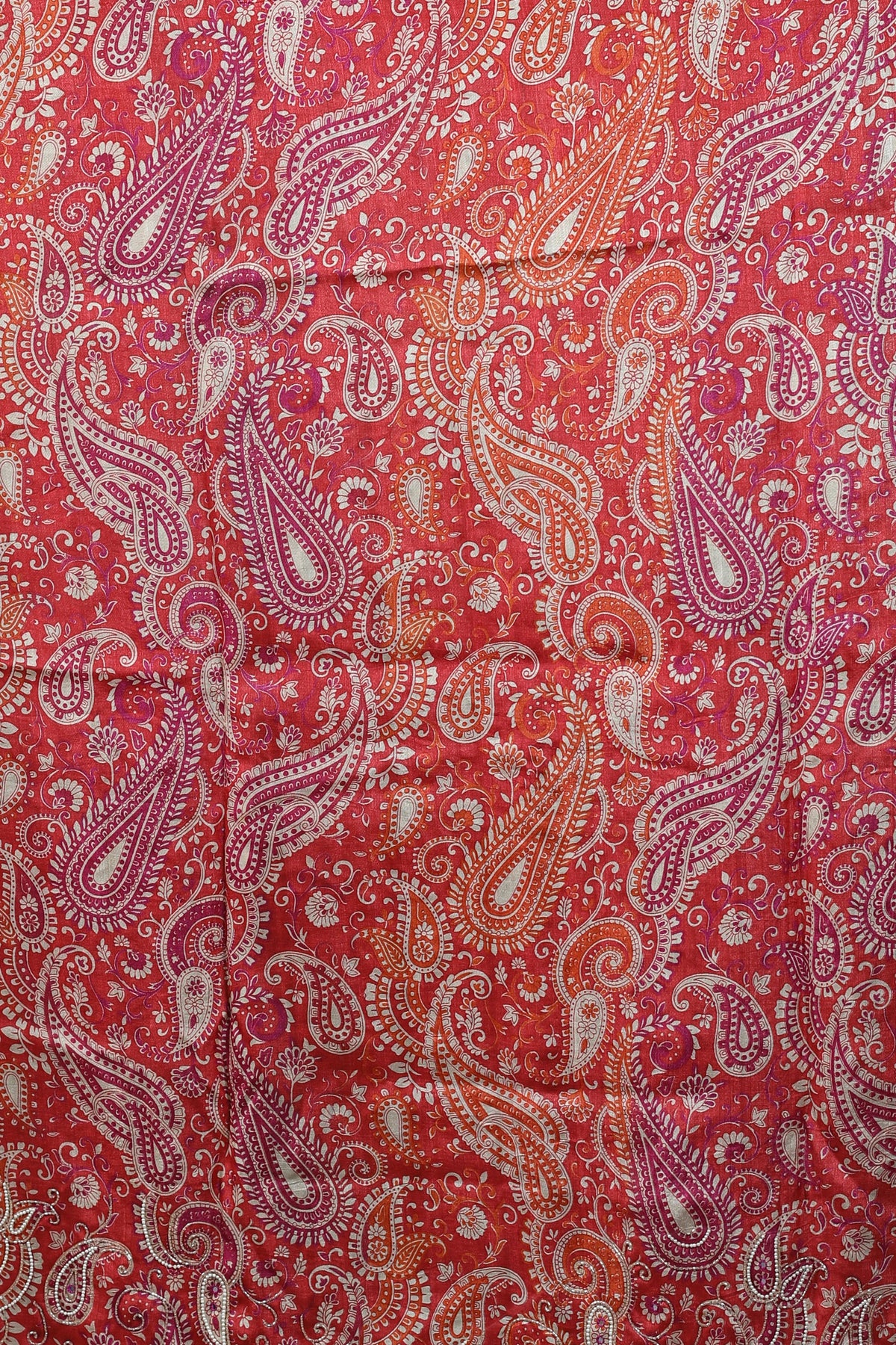 Red Pure Tussar Block Print Cutdana Work Saree With Blouse Piece