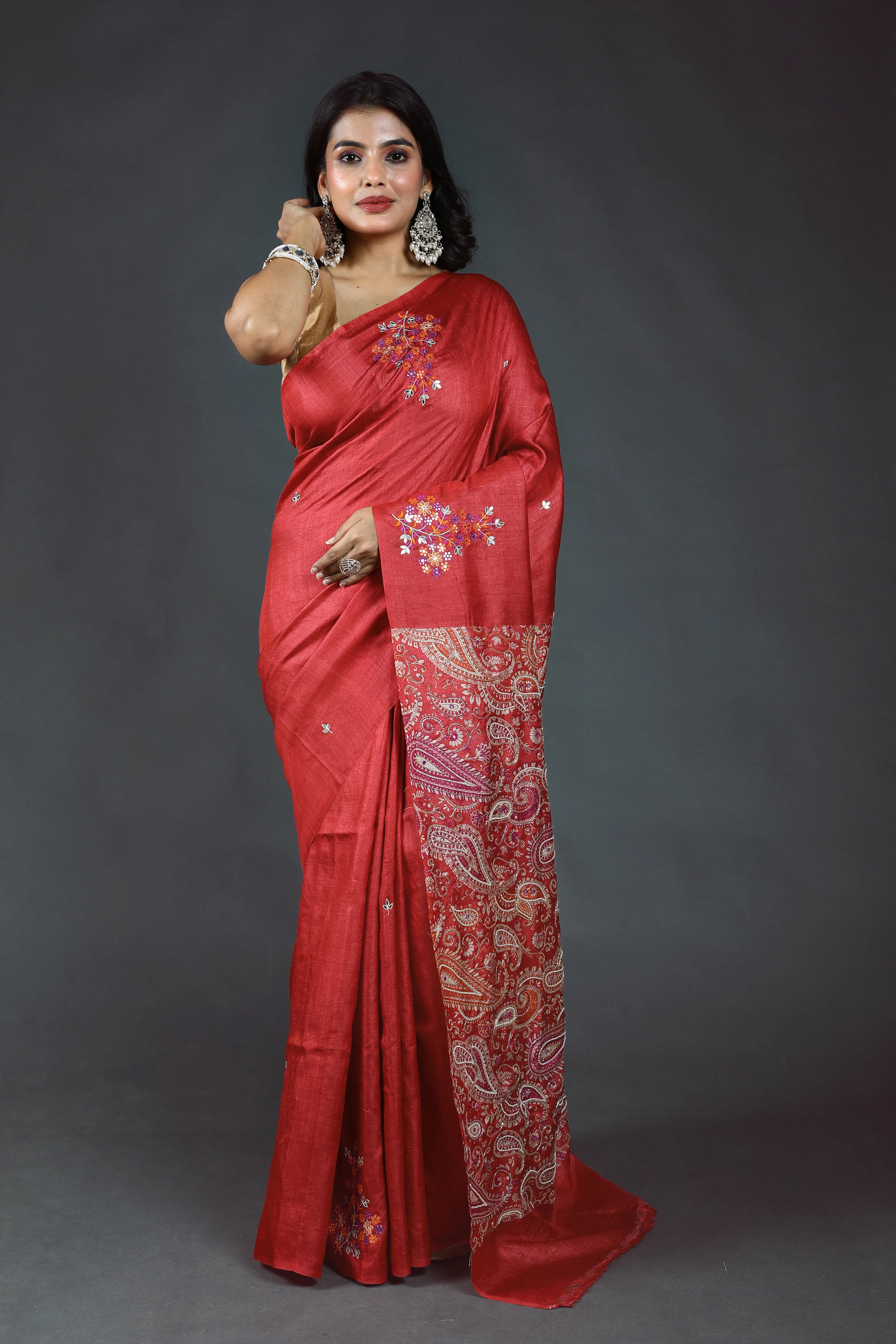Red Pure Tussar Block Print Cutdana Work Saree With Blouse Piece