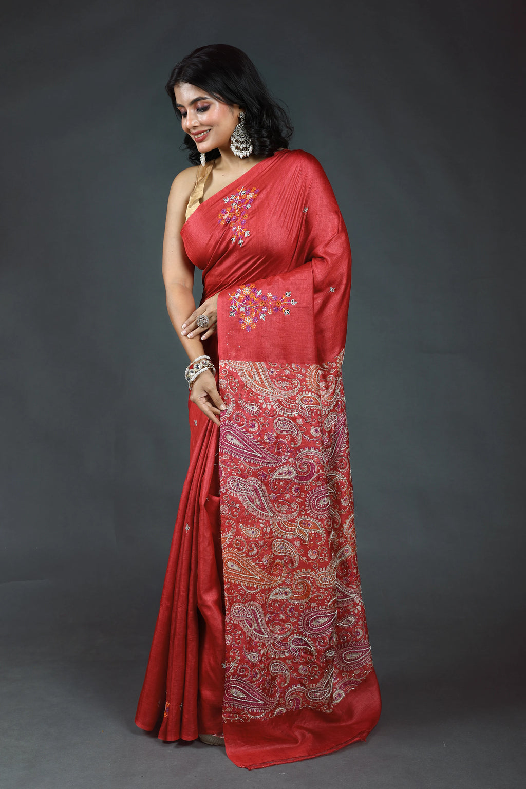 Red Pure Tussar Block Print Cutdana Work Saree With Blouse Piece