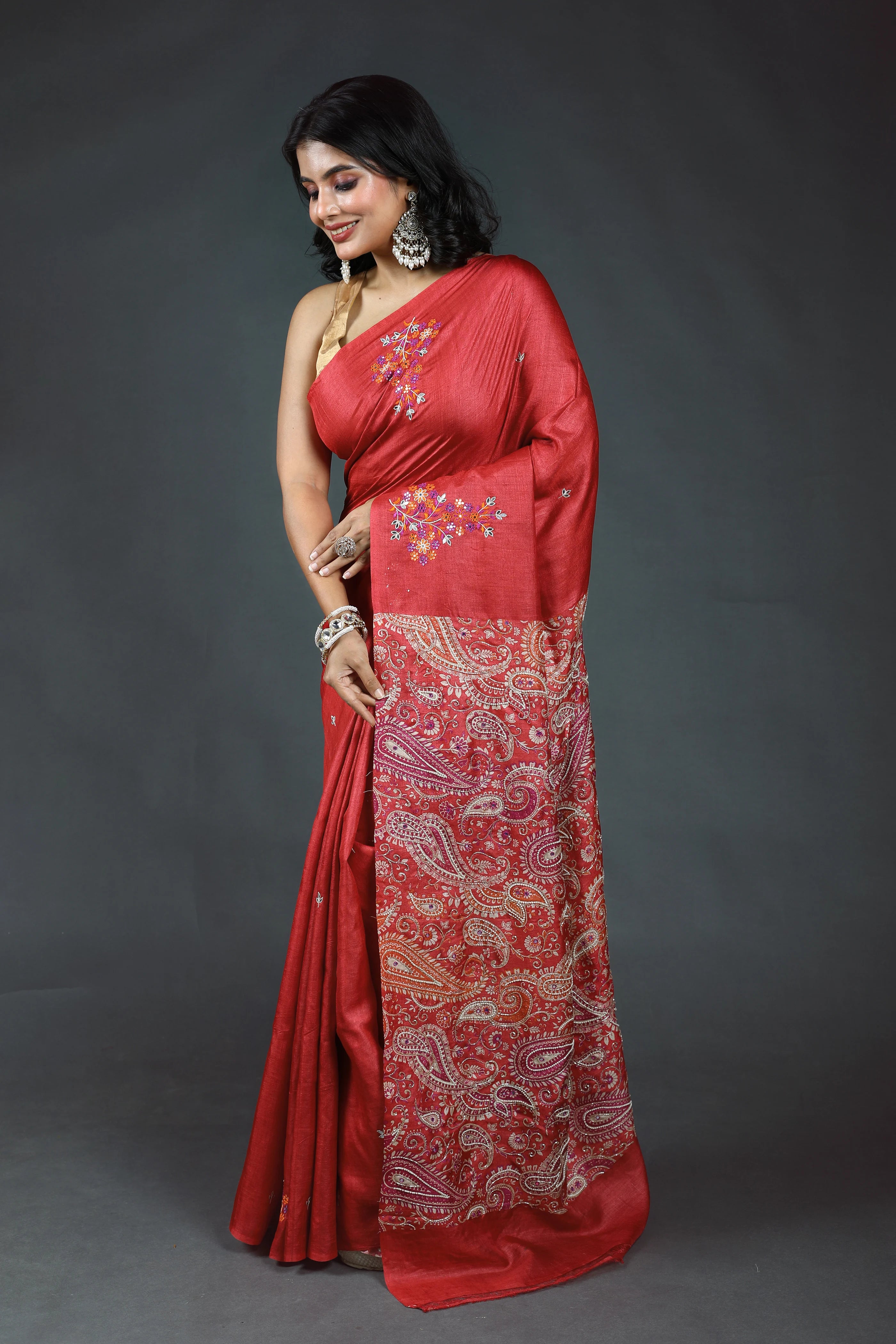 Red Pure Tussar Block Print Cutdana Work Saree With Blouse Piece