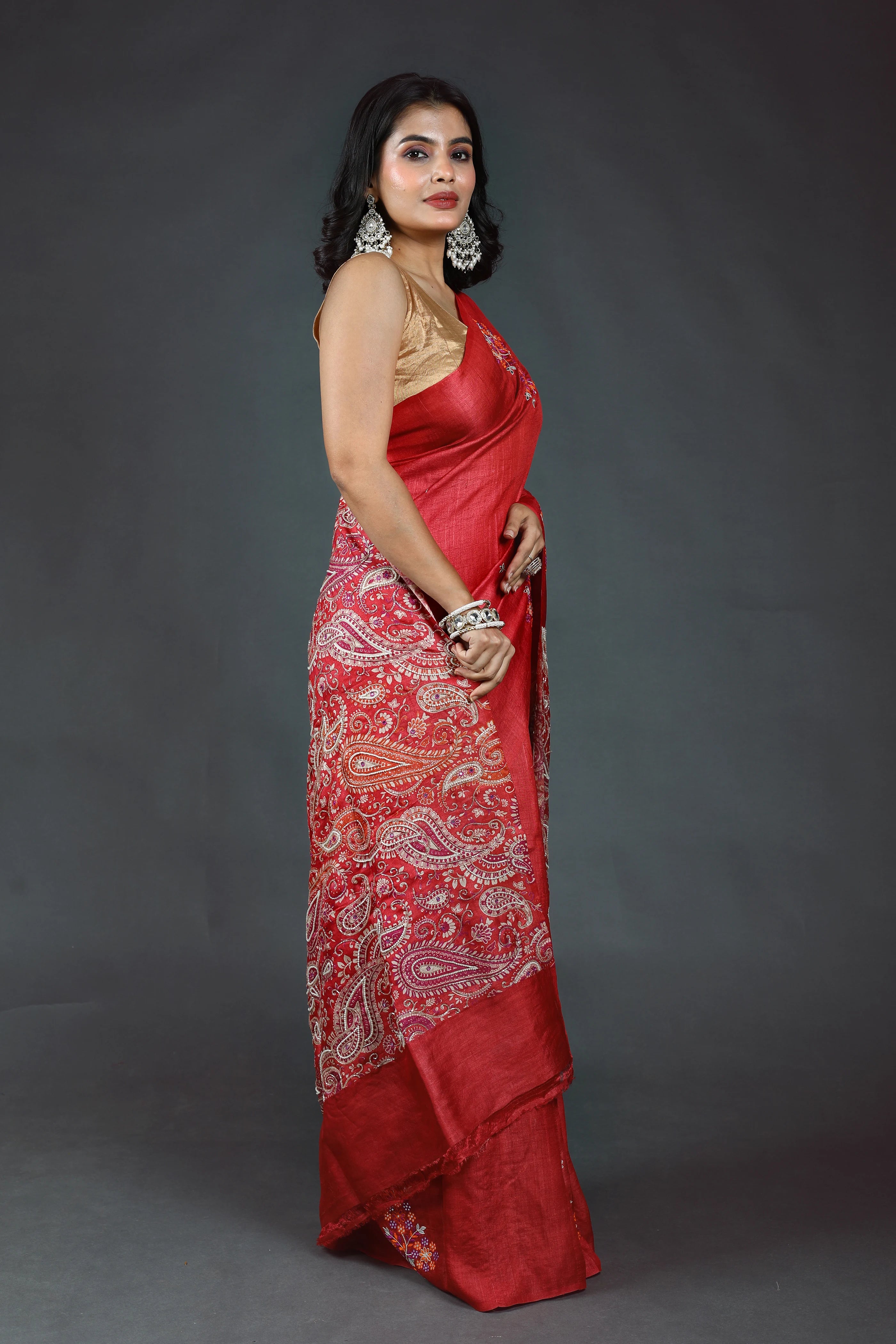 Red Pure Tussar Block Print Cutdana Work Saree With Blouse Piece