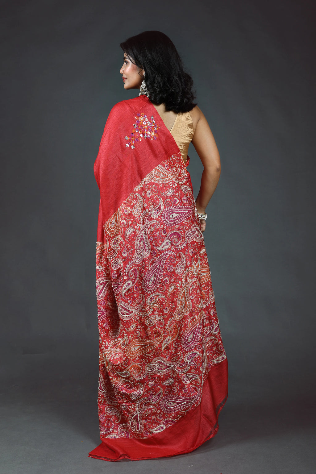 Red Pure Tussar Block Print Cutdana Work Saree With Blouse Piece