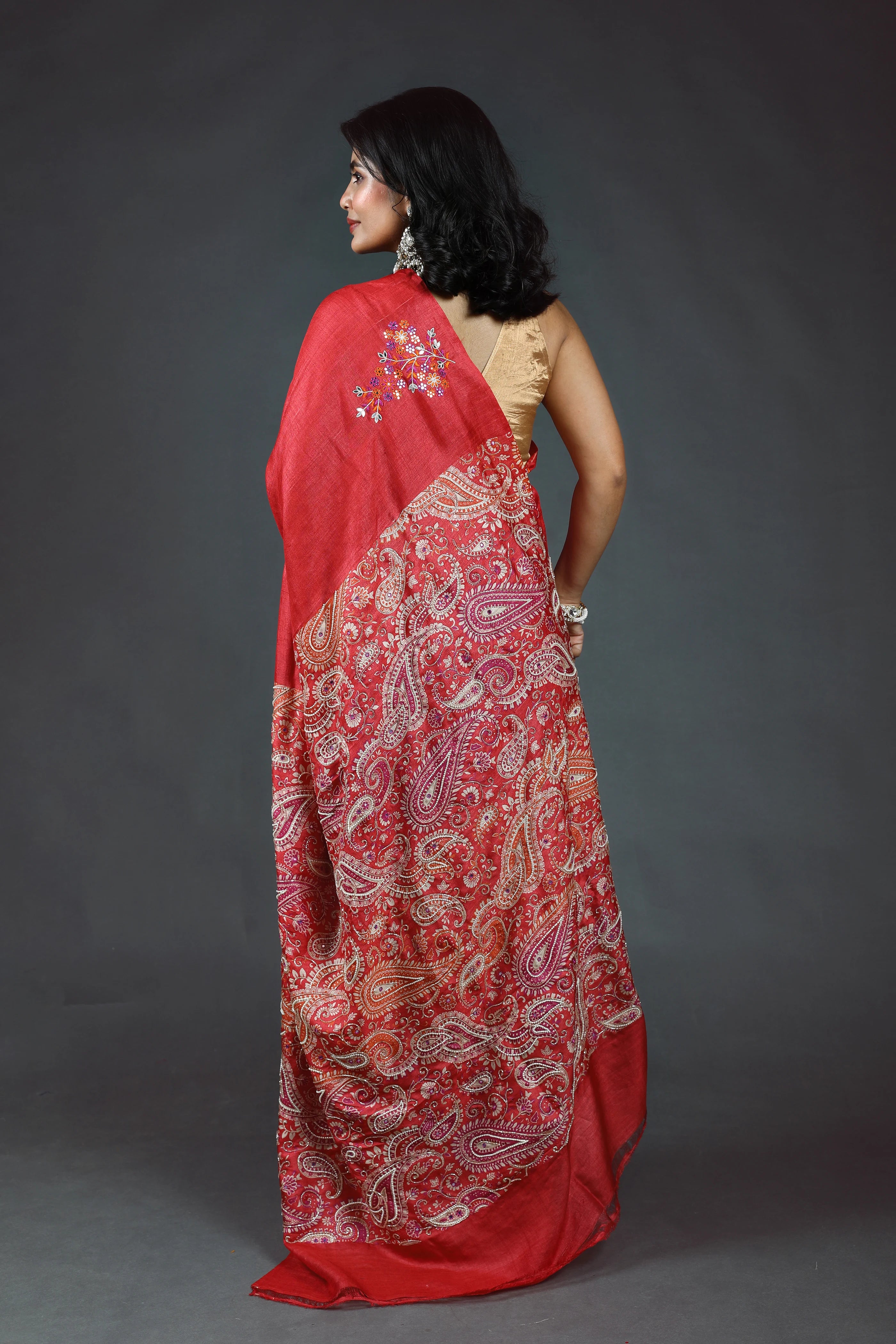 Red Pure Tussar Block Print Cutdana Work Saree With Blouse Piece