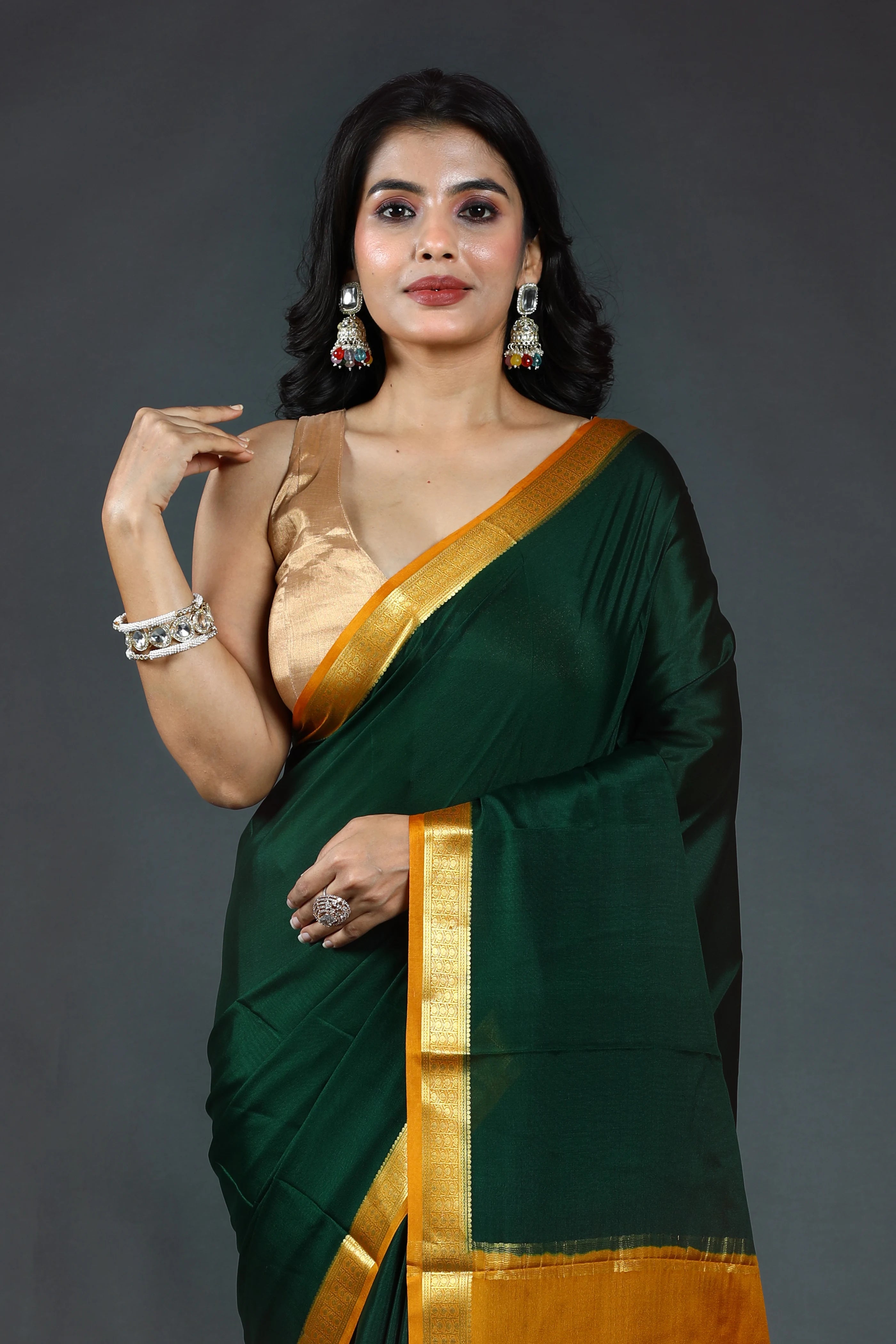Bottle Green Pure Mysore Silk Saree With Blouse Piece