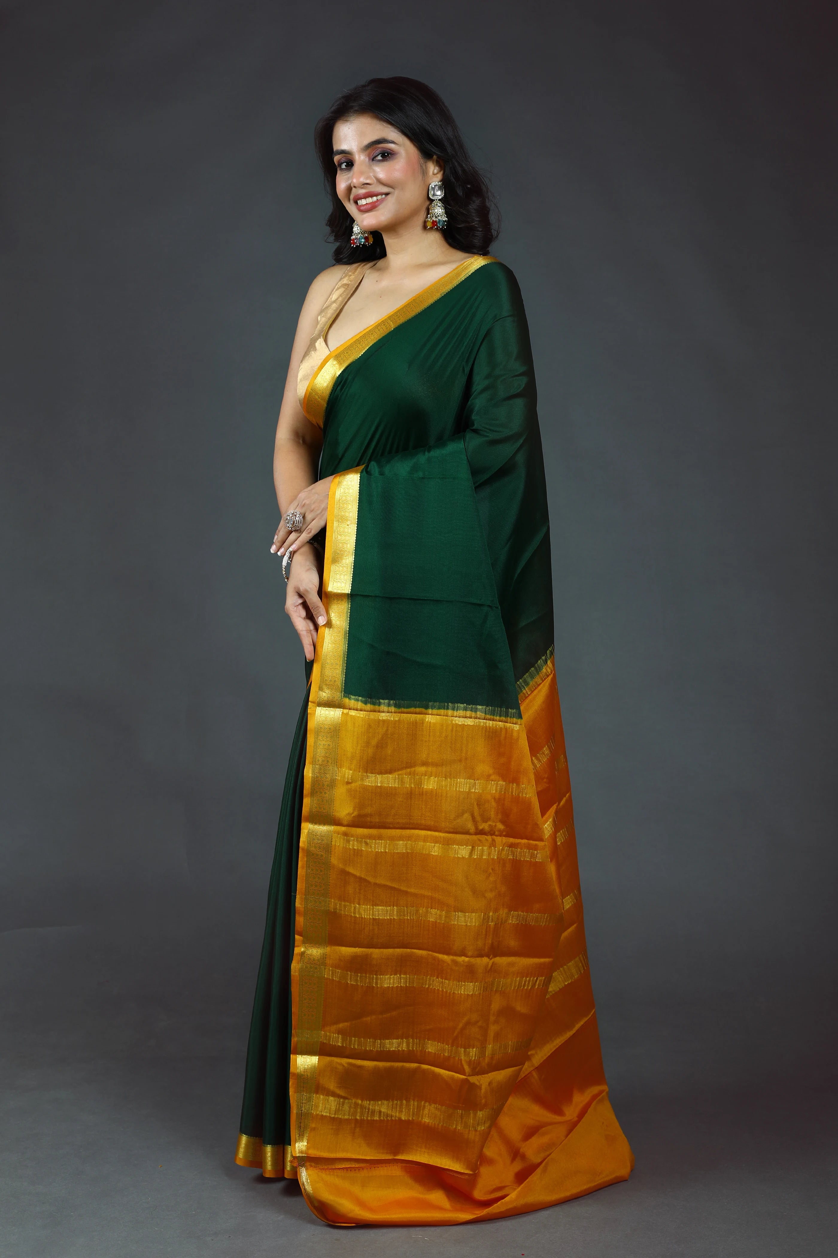Bottle Green Pure Mysore Silk Saree With Blouse Piece