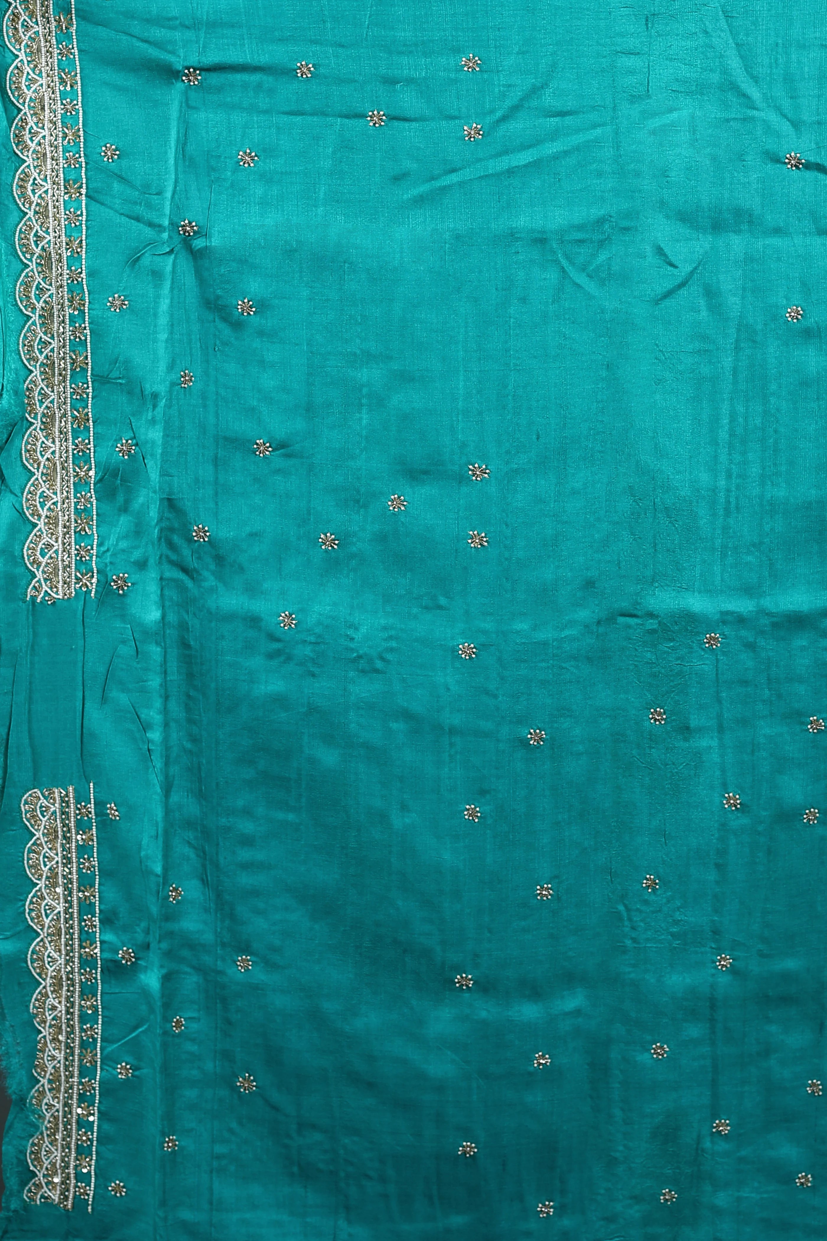 Teal Green Pure Tussar Zardosi Saree With Blouse Piece