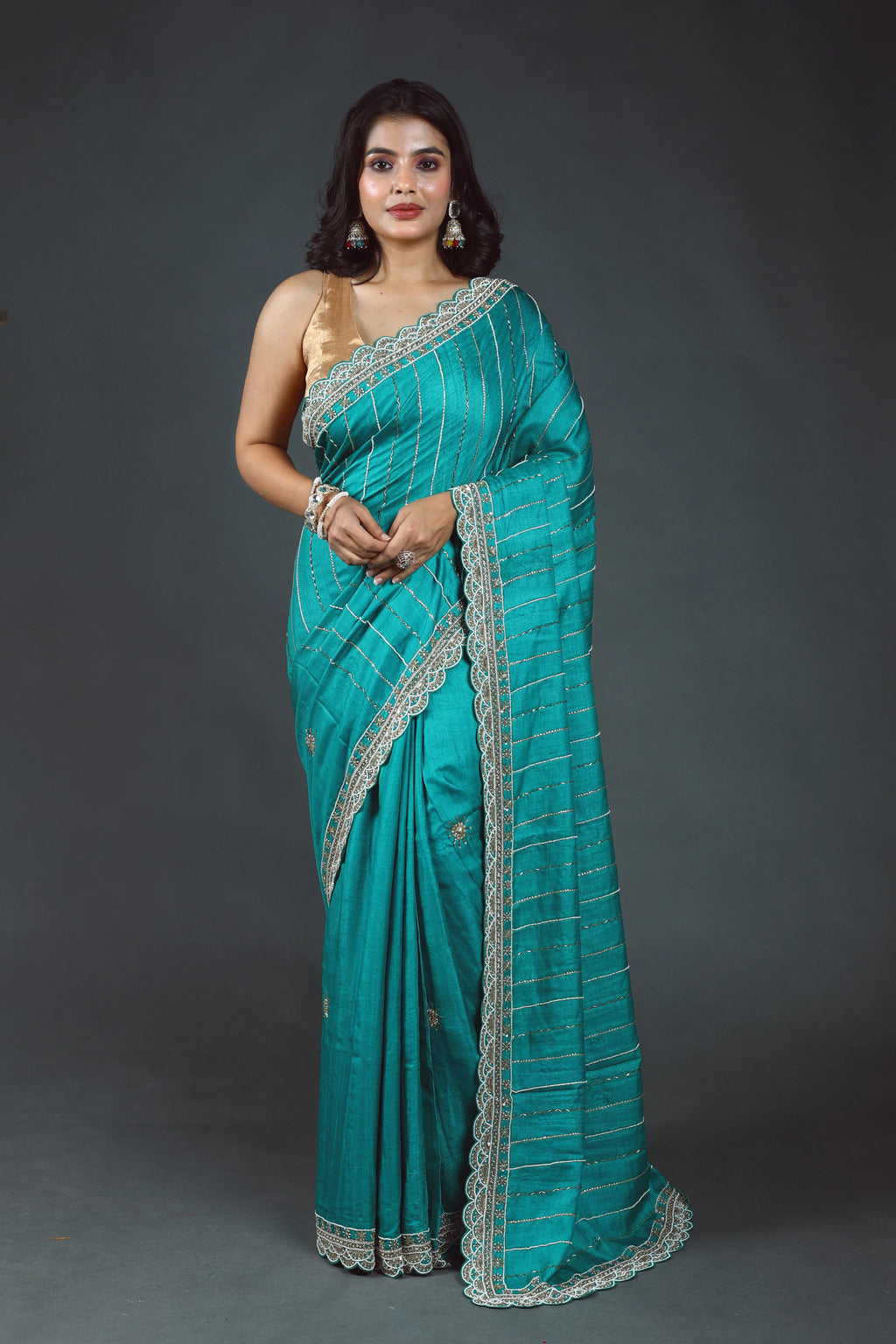 Teal Green Pure Tussar Zardosi Saree With Blouse Piece