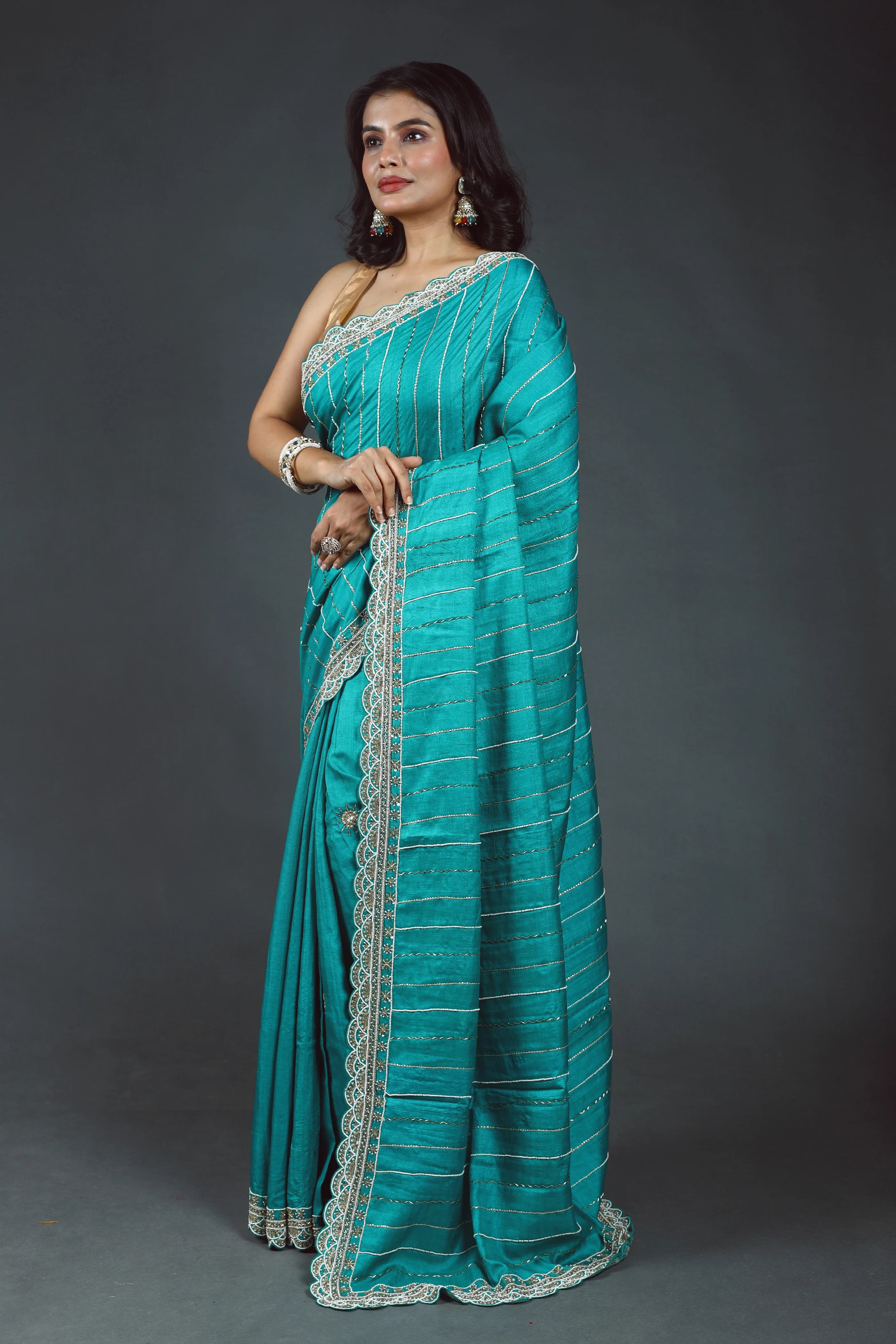 Teal Green Pure Tussar Zardosi Saree With Blouse Piece