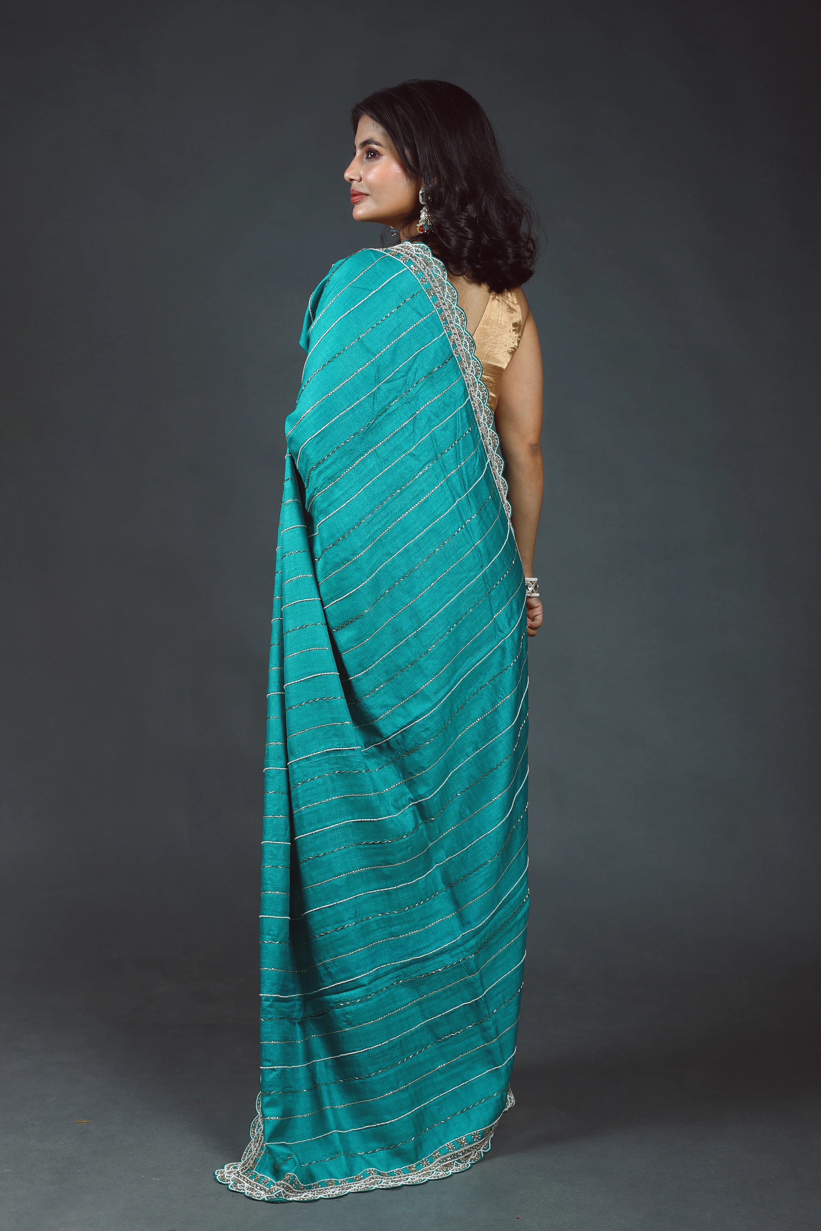 Teal Green Pure Tussar Zardosi Saree With Blouse Piece