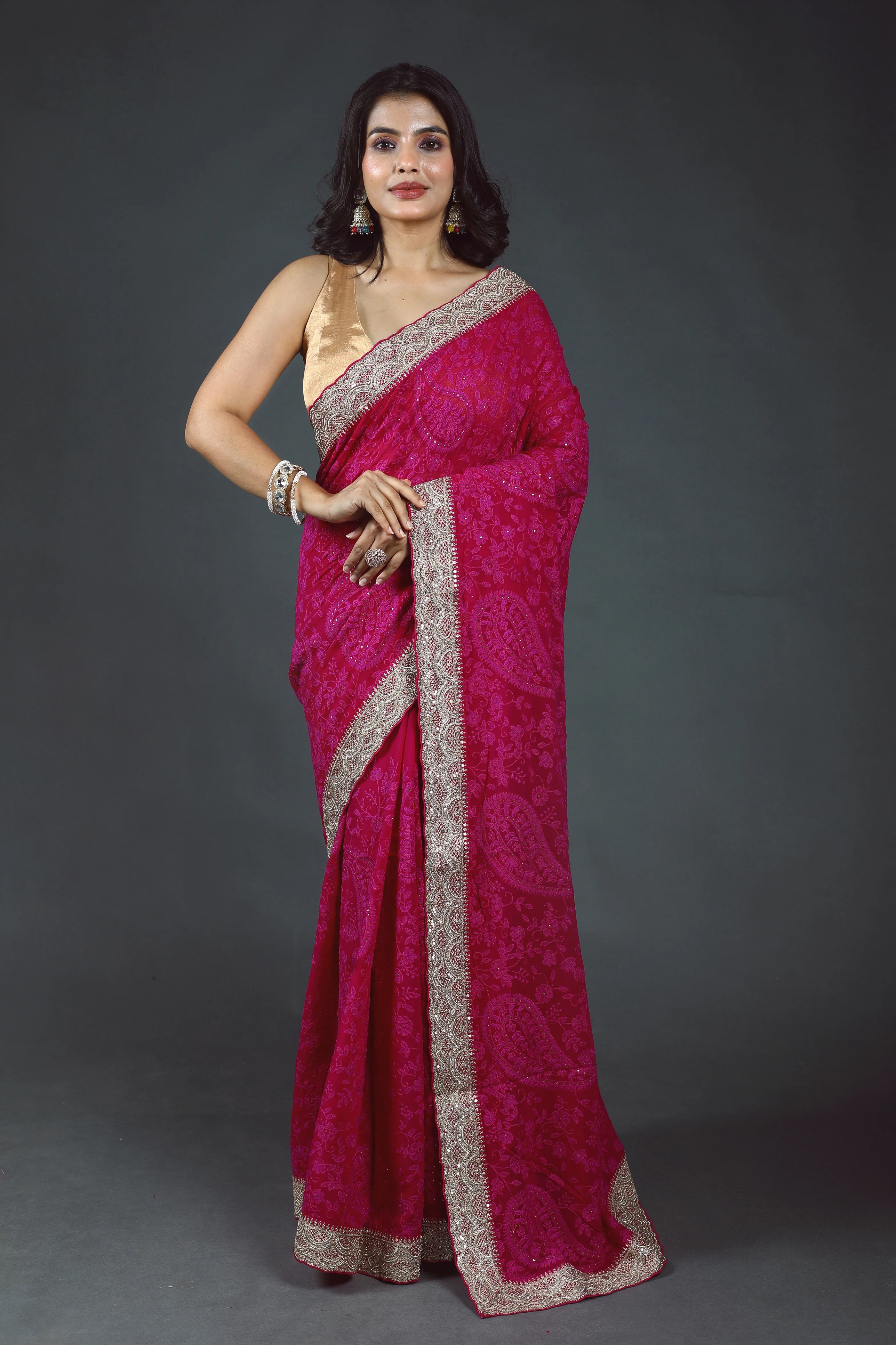 Rani Chikankari Chikankari Saree With Blouse Piece