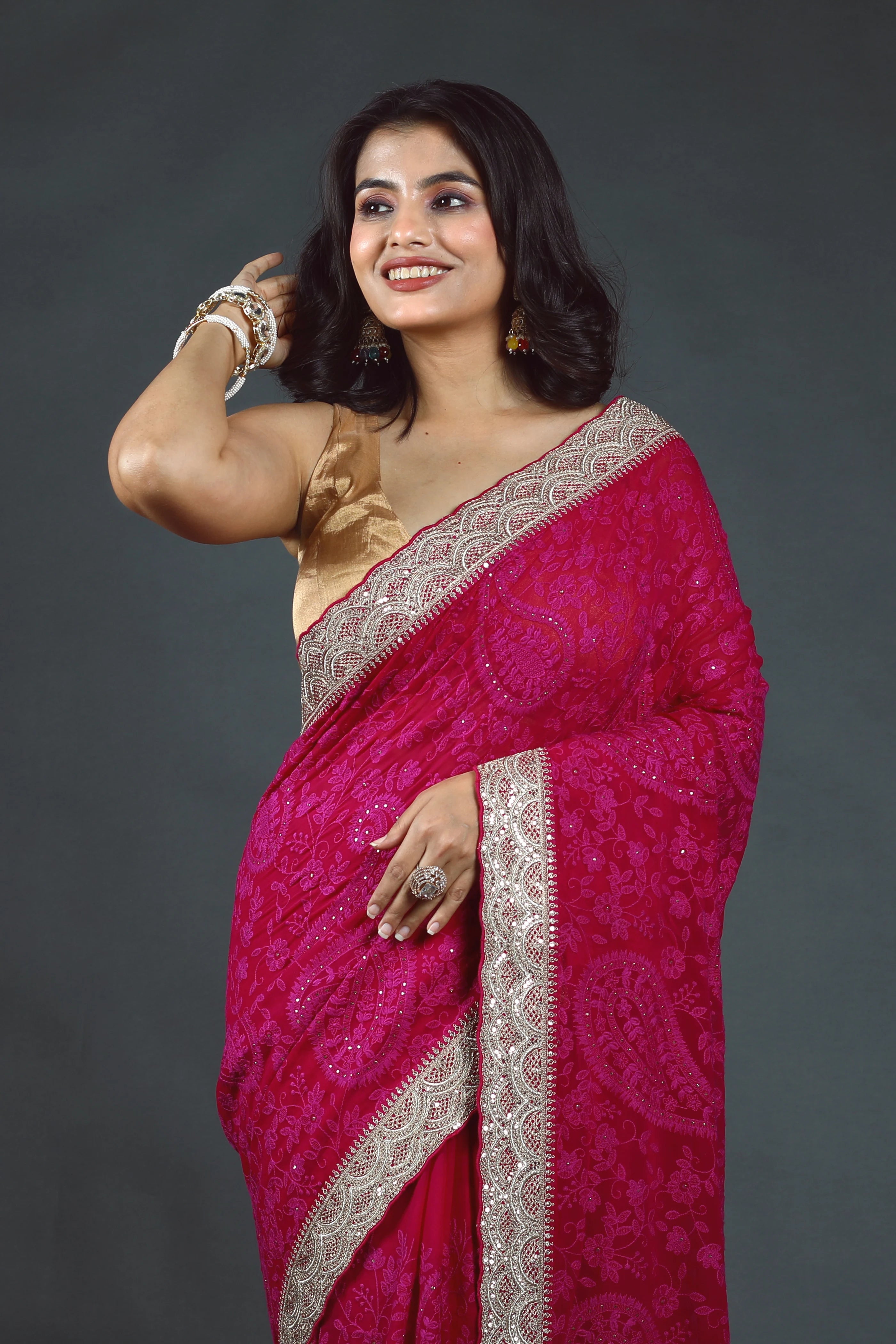 Rani Chikankari Chikankari Saree With Blouse Piece