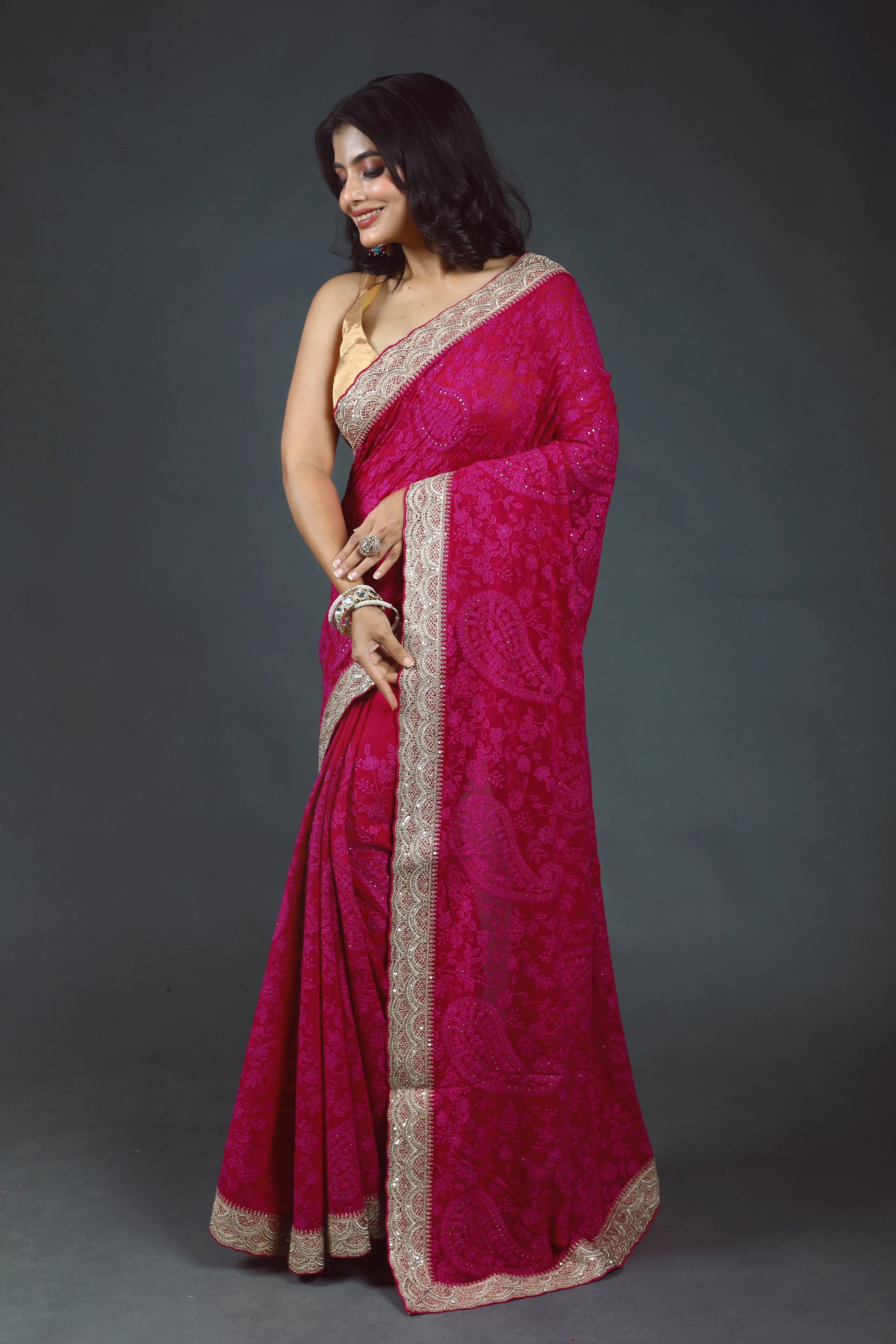 Rani Chikankari Chikankari Saree With Blouse Piece