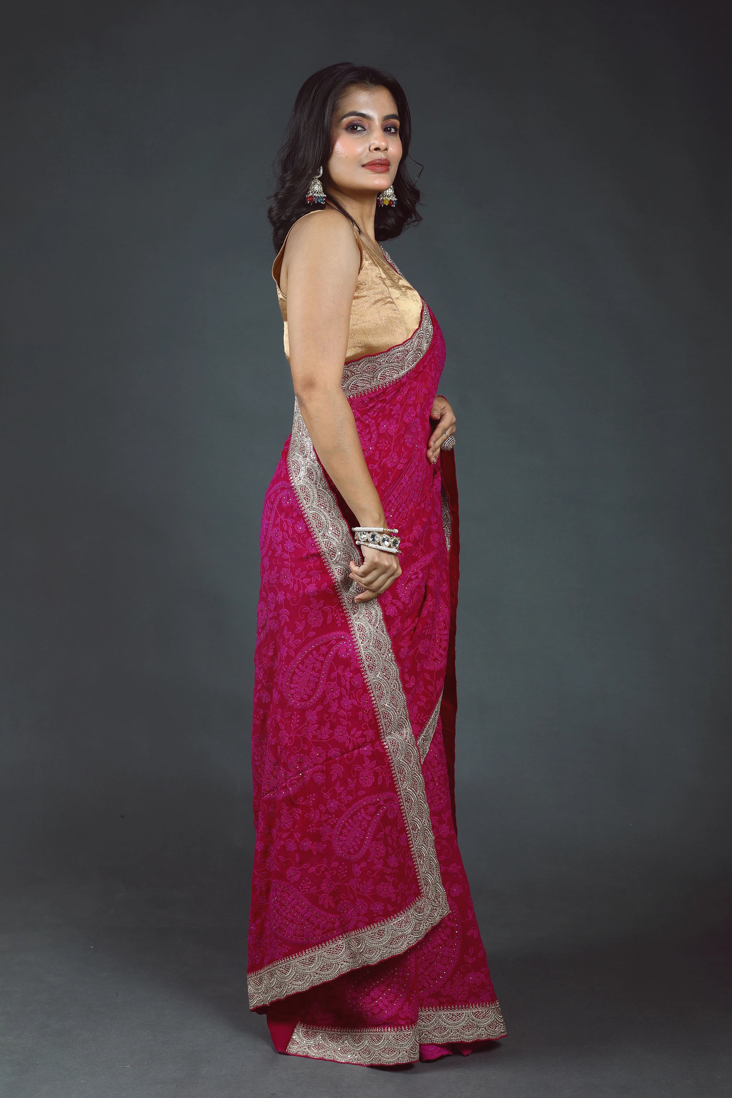 Rani Chikankari Chikankari Saree With Blouse Piece