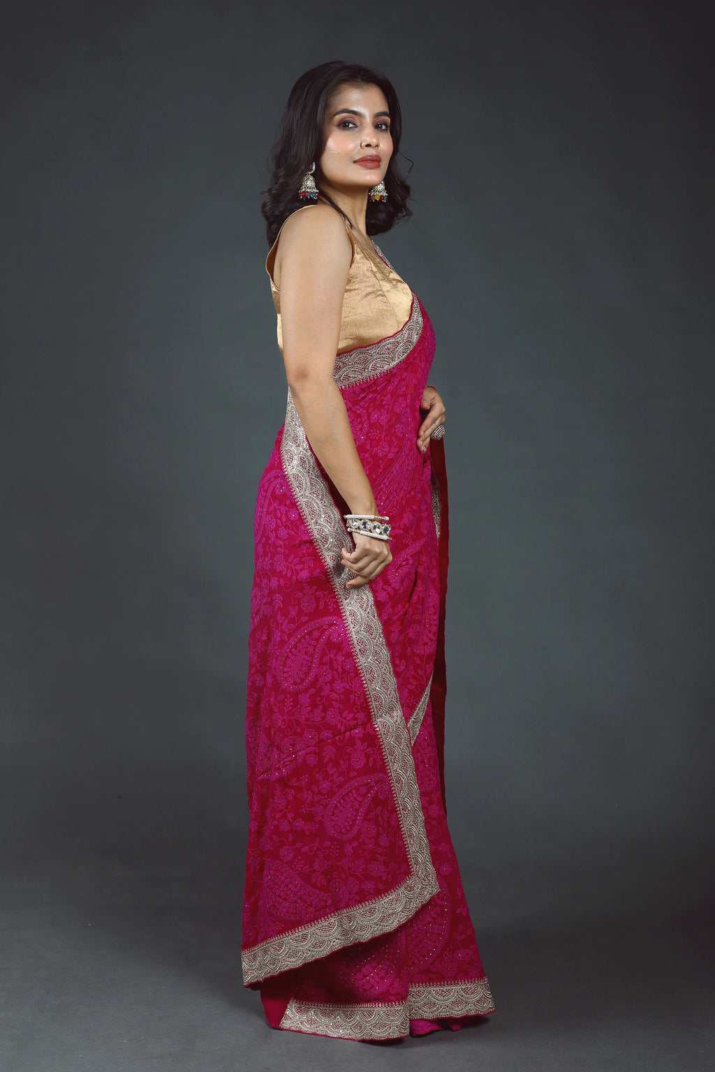 Rani Chikankari Chikankari Saree With Blouse Piece