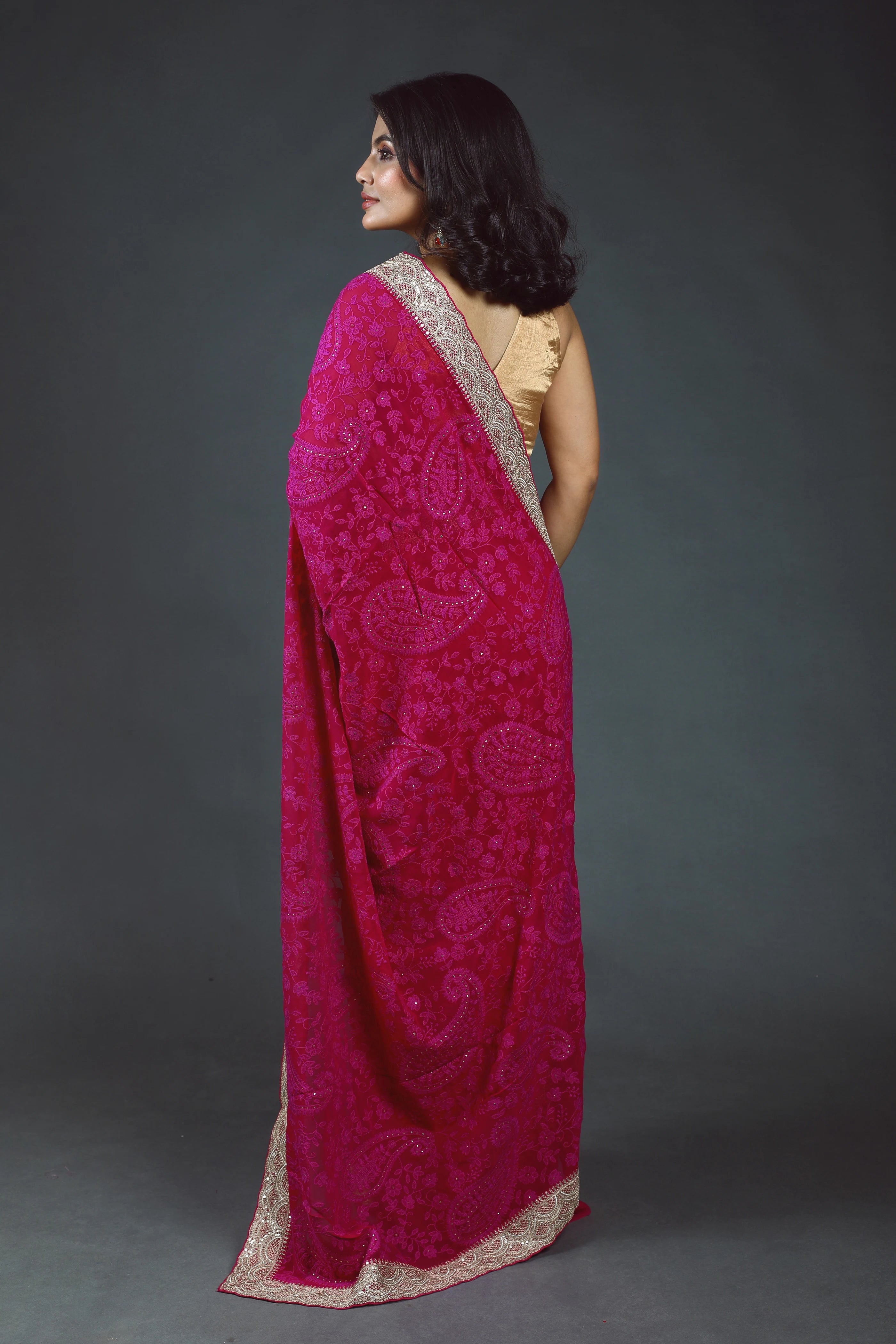 Rani Chikankari Chikankari Saree With Blouse Piece