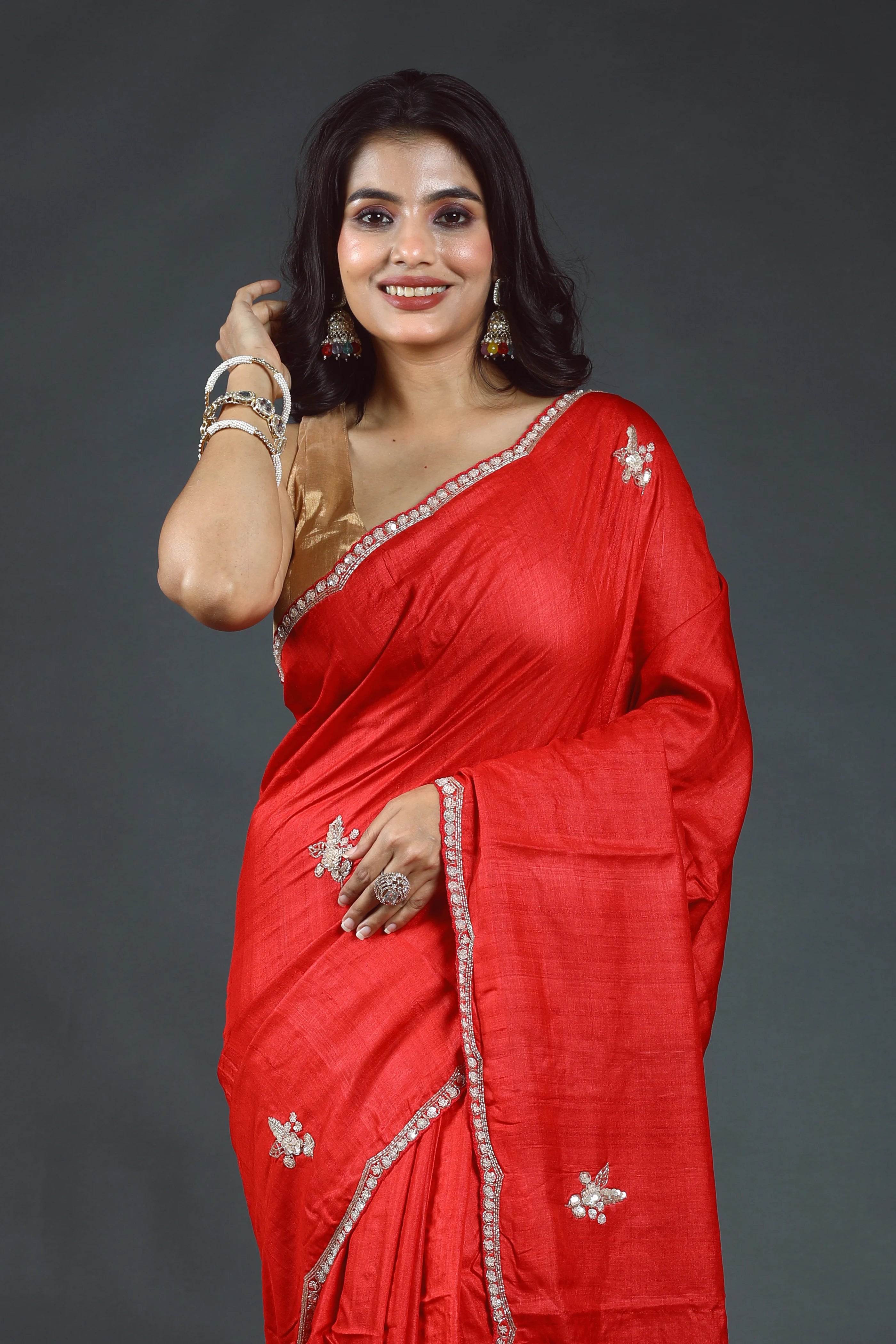 Red Pure Tussar Zardosi Saree With Blouse Piece