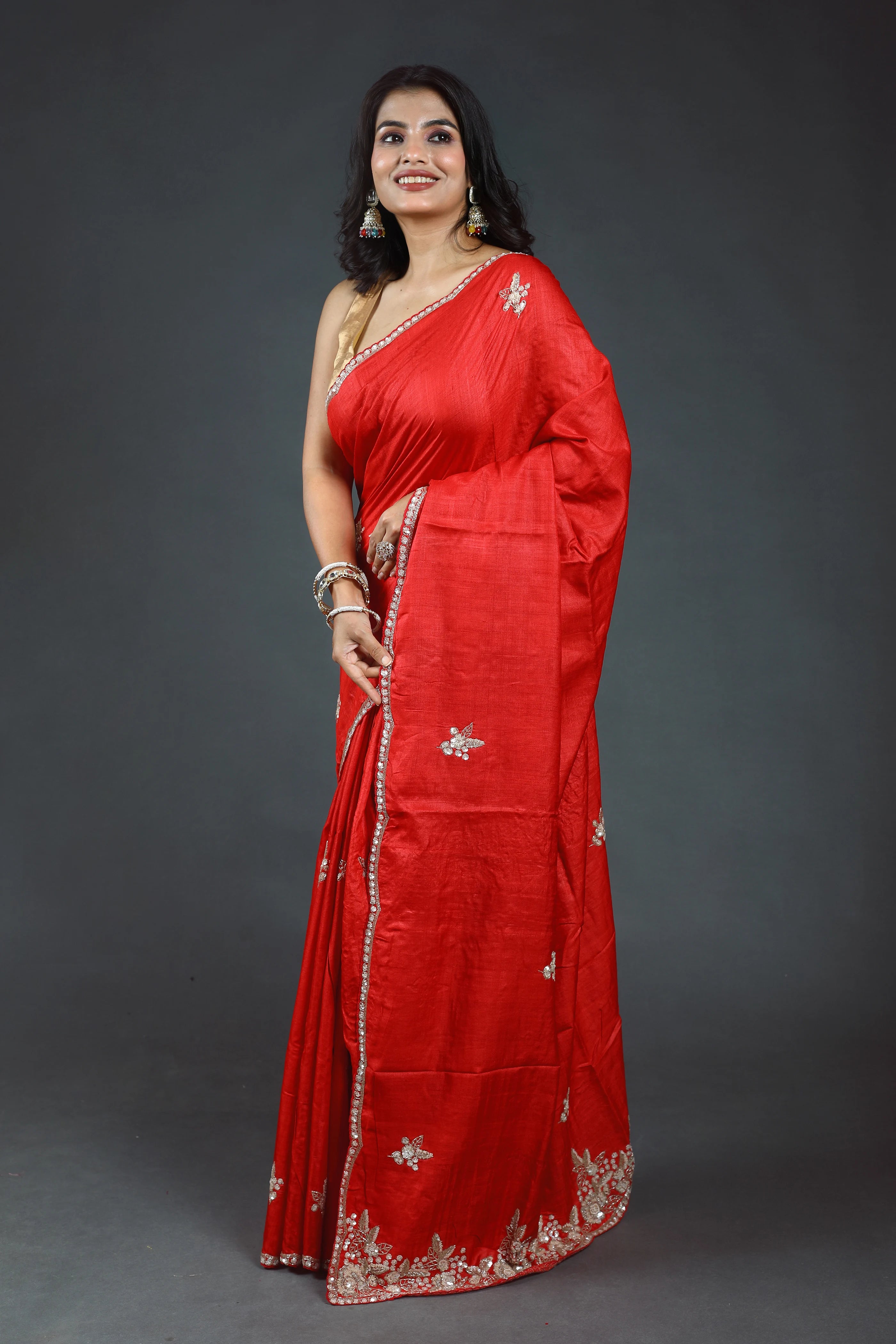 Red Pure Tussar Zardosi Saree With Blouse Piece