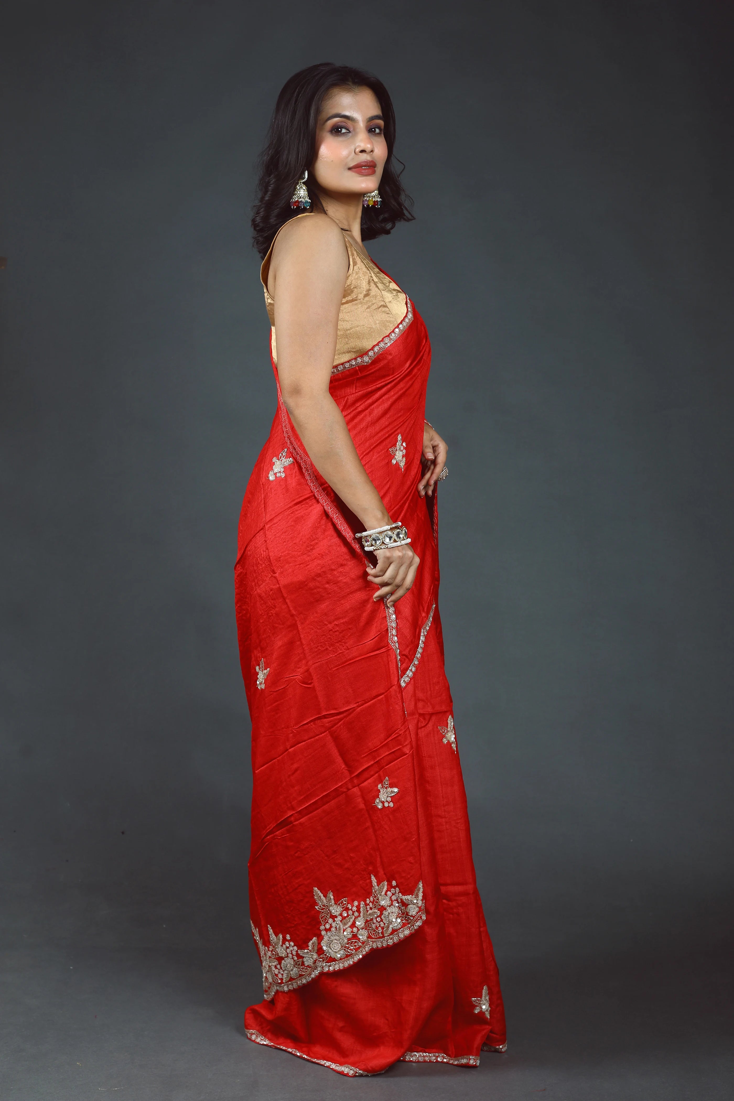 Red Pure Tussar Zardosi Saree With Blouse Piece