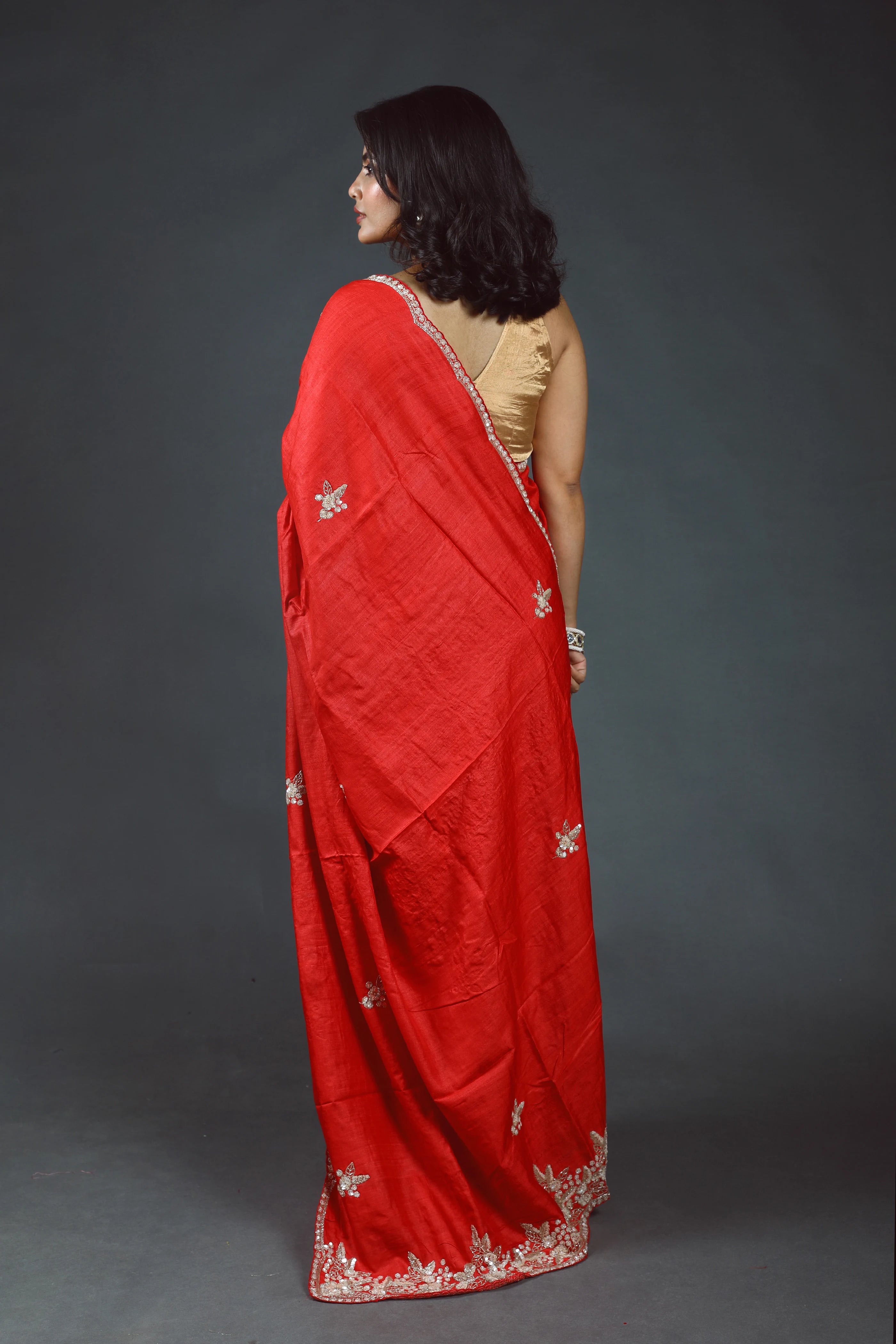 Red Pure Tussar Zardosi Saree With Blouse Piece