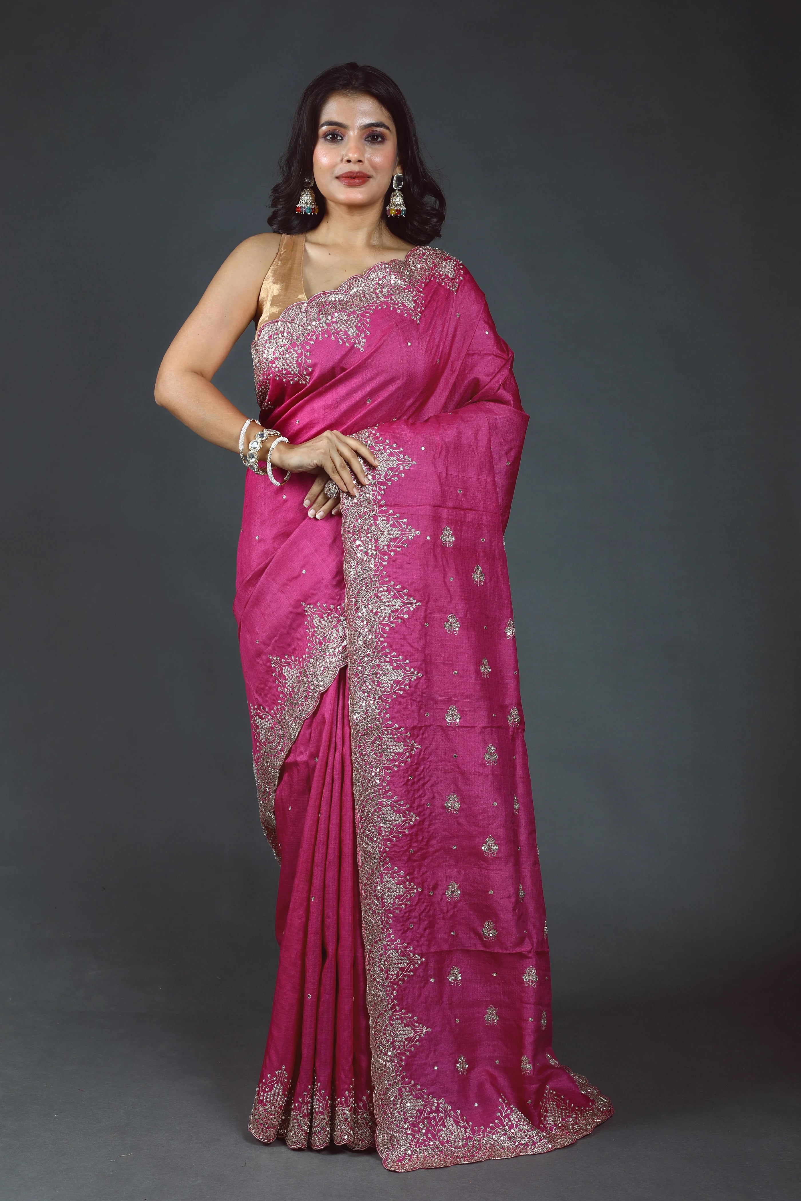 Magenda Pure Tussar Zardosi Saree With Blouse Piece