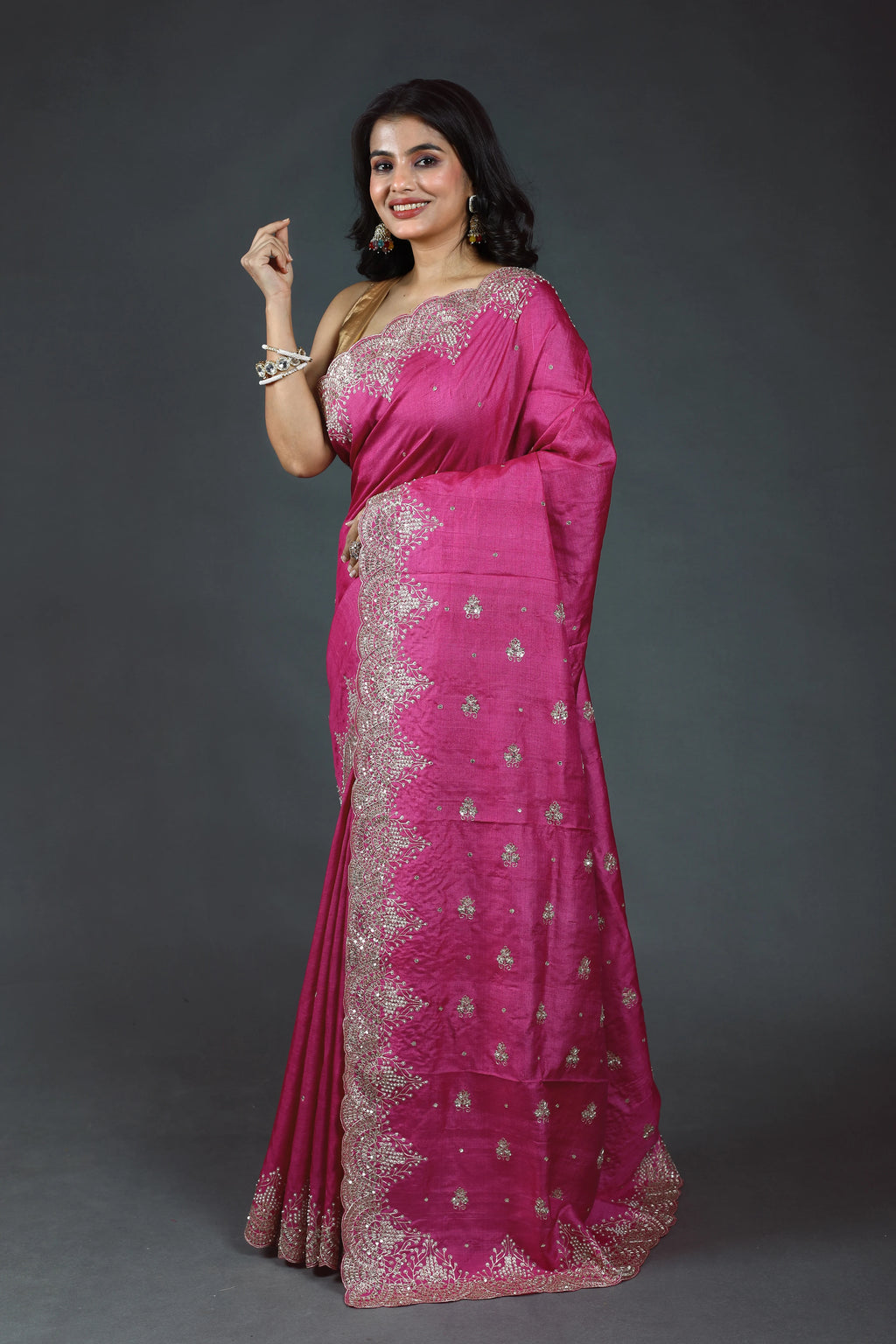 Magenda Pure Tussar Zardosi Saree With Blouse Piece