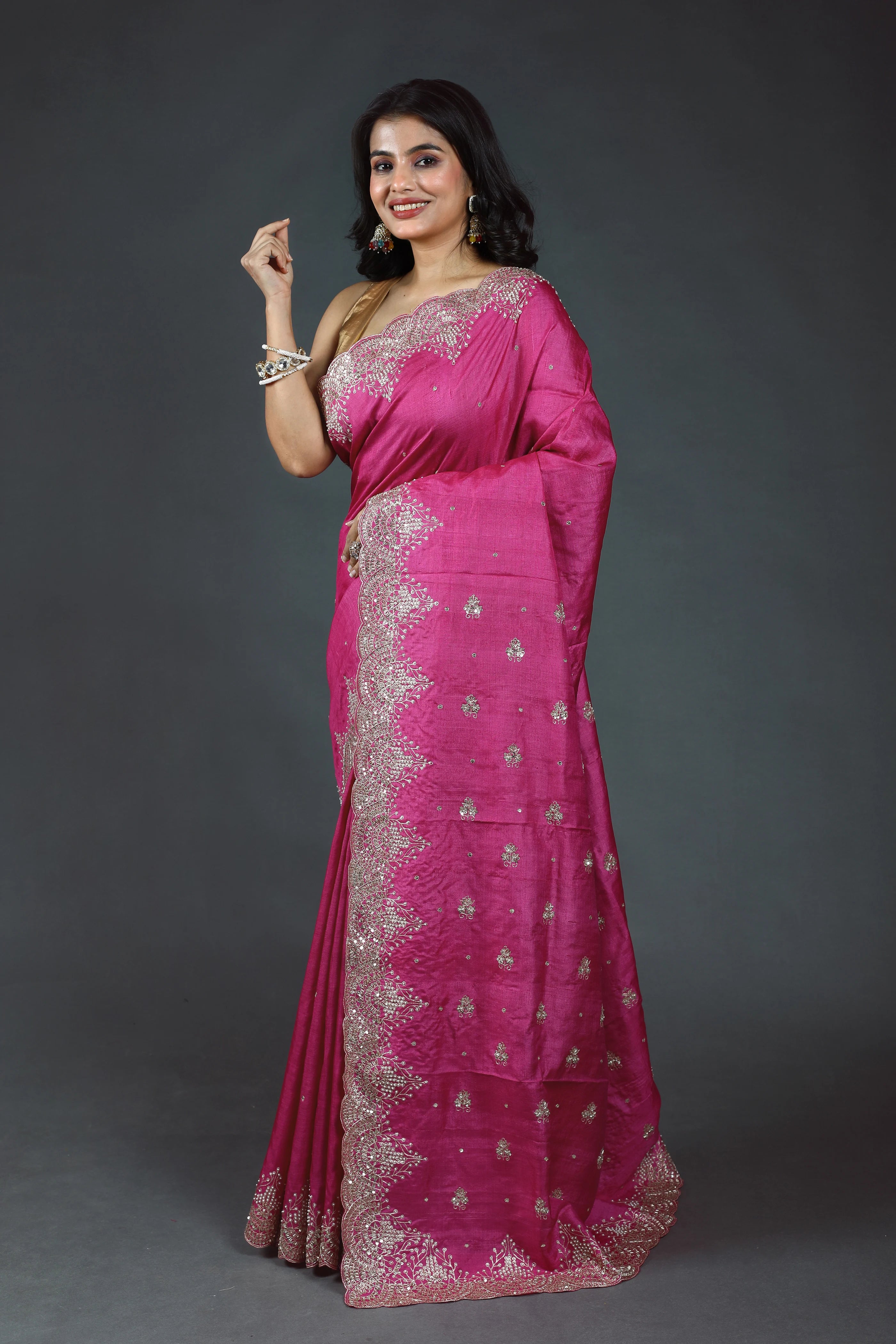 Magenda Pure Tussar Zardosi Saree With Blouse Piece
