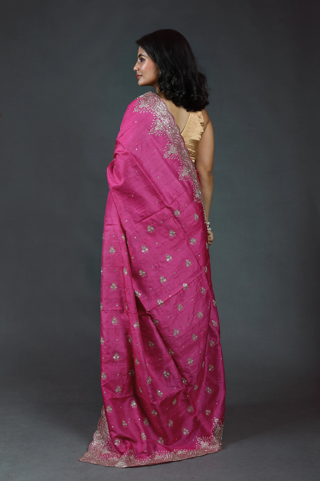 Magenda Pure Tussar Zardosi Saree With Blouse Piece
