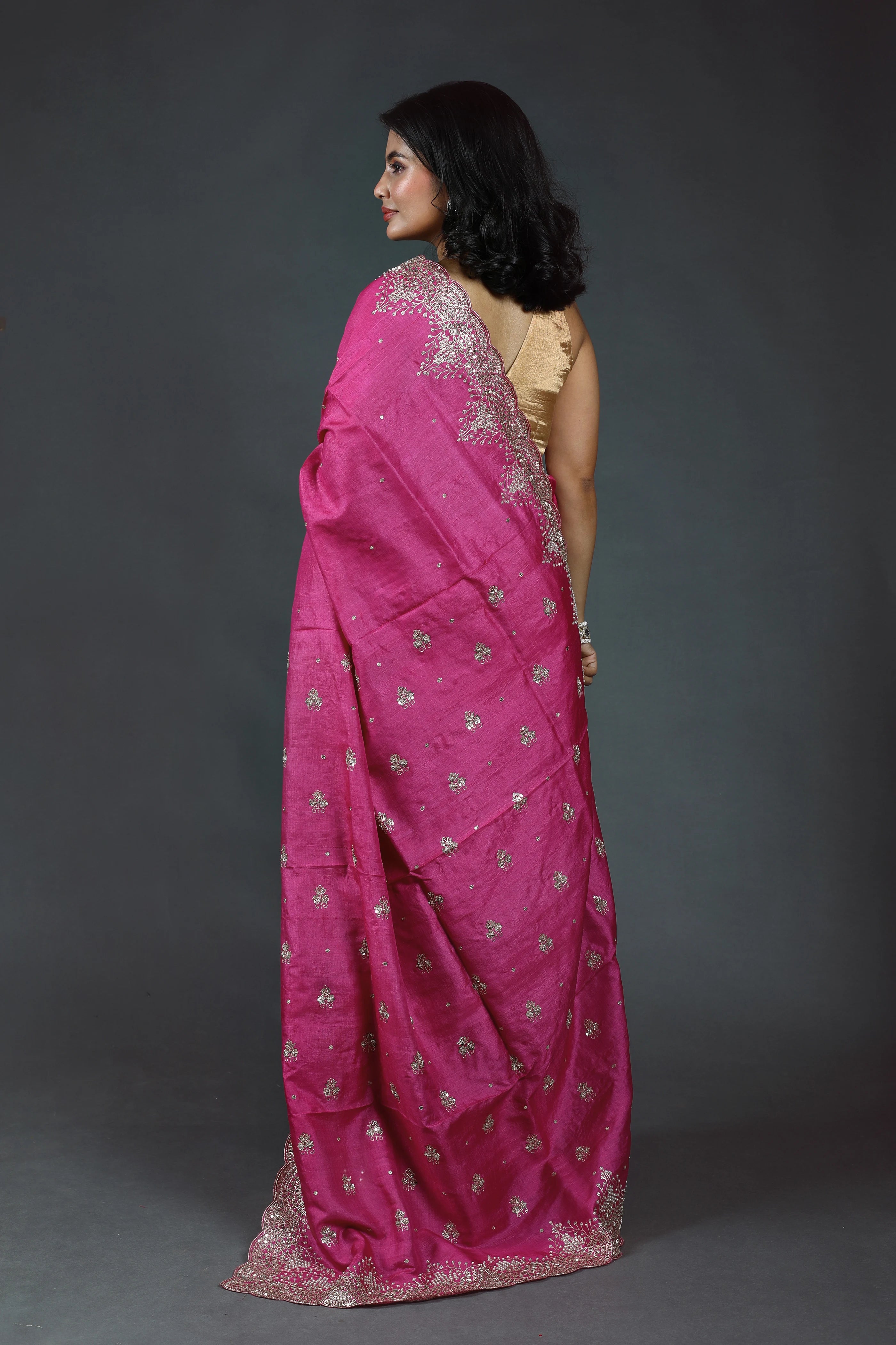 Magenda Pure Tussar Zardosi Saree With Blouse Piece