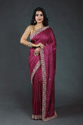 Wine Purple Pure Tussar Zardosi Saree With Blouse Piece