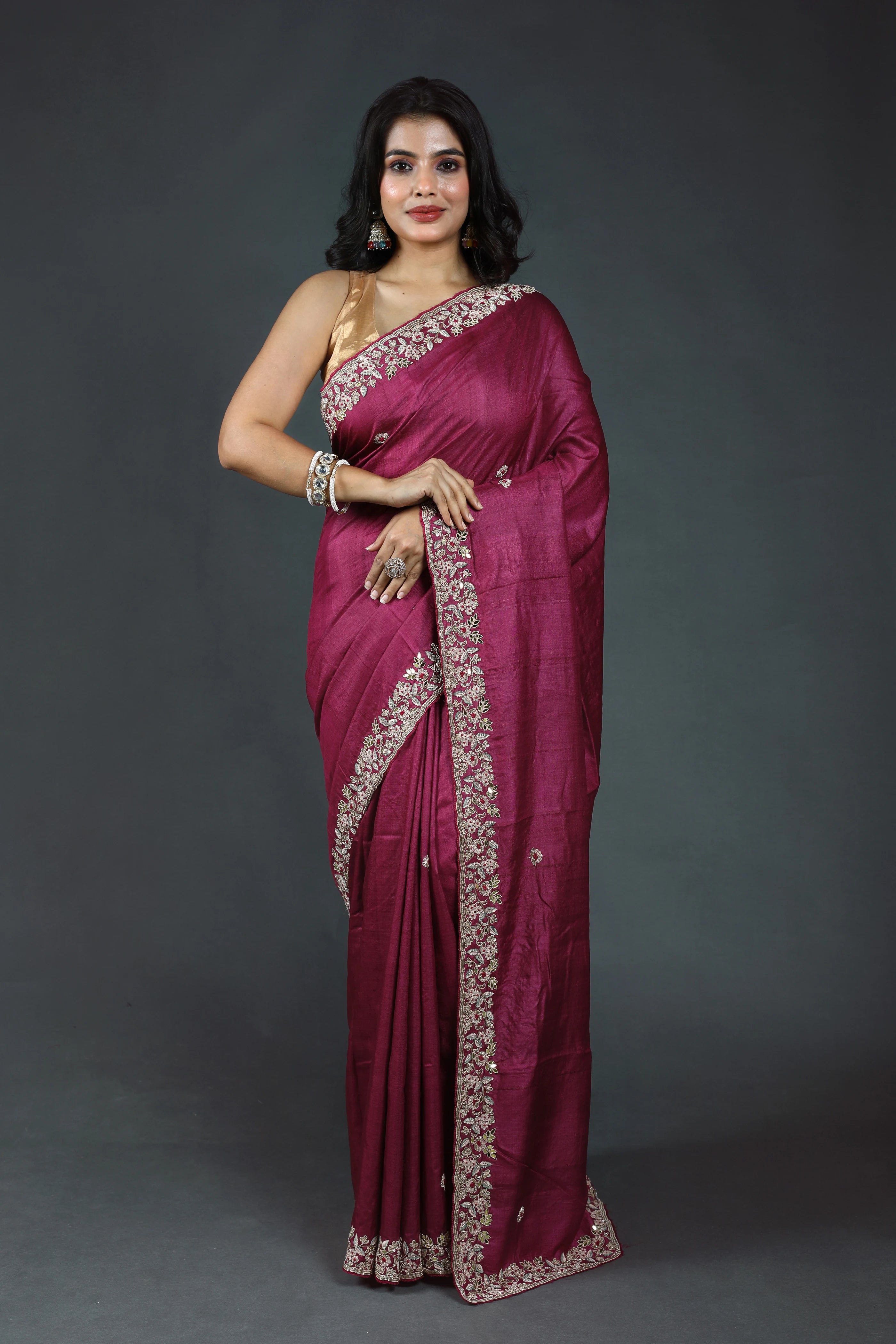Wine Purple Pure Tussar Zardosi Saree With Blouse Piece