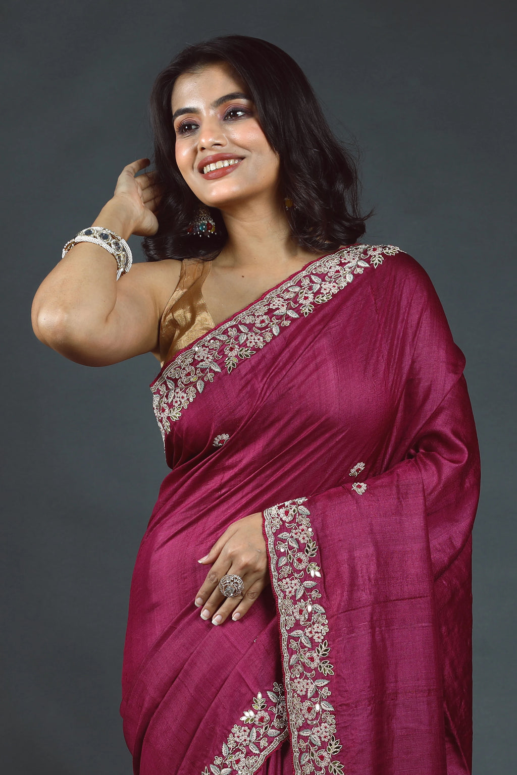 Wine Purple Pure Tussar Zardosi Saree With Blouse Piece
