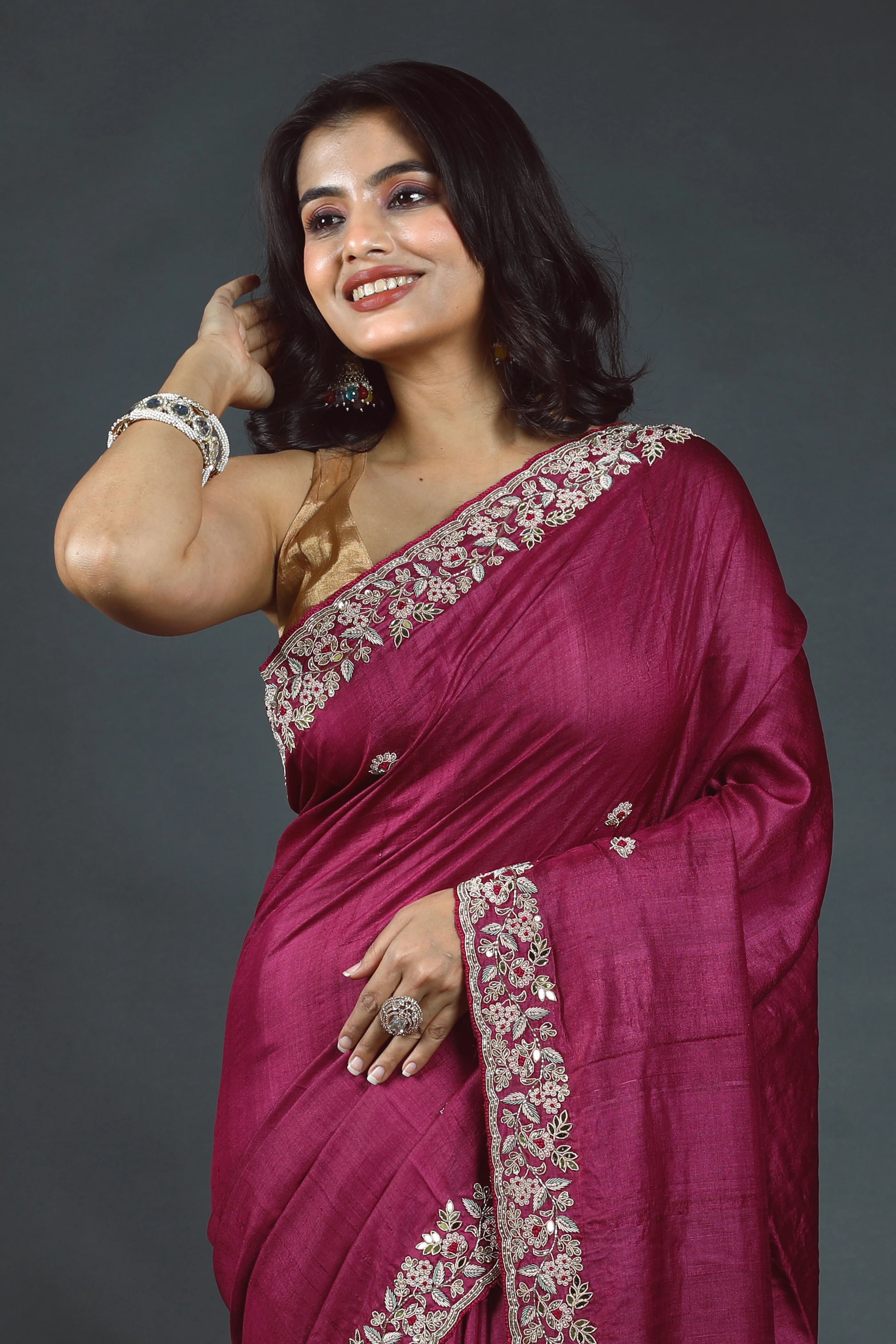 Wine Purple Pure Tussar Zardosi Saree With Blouse Piece