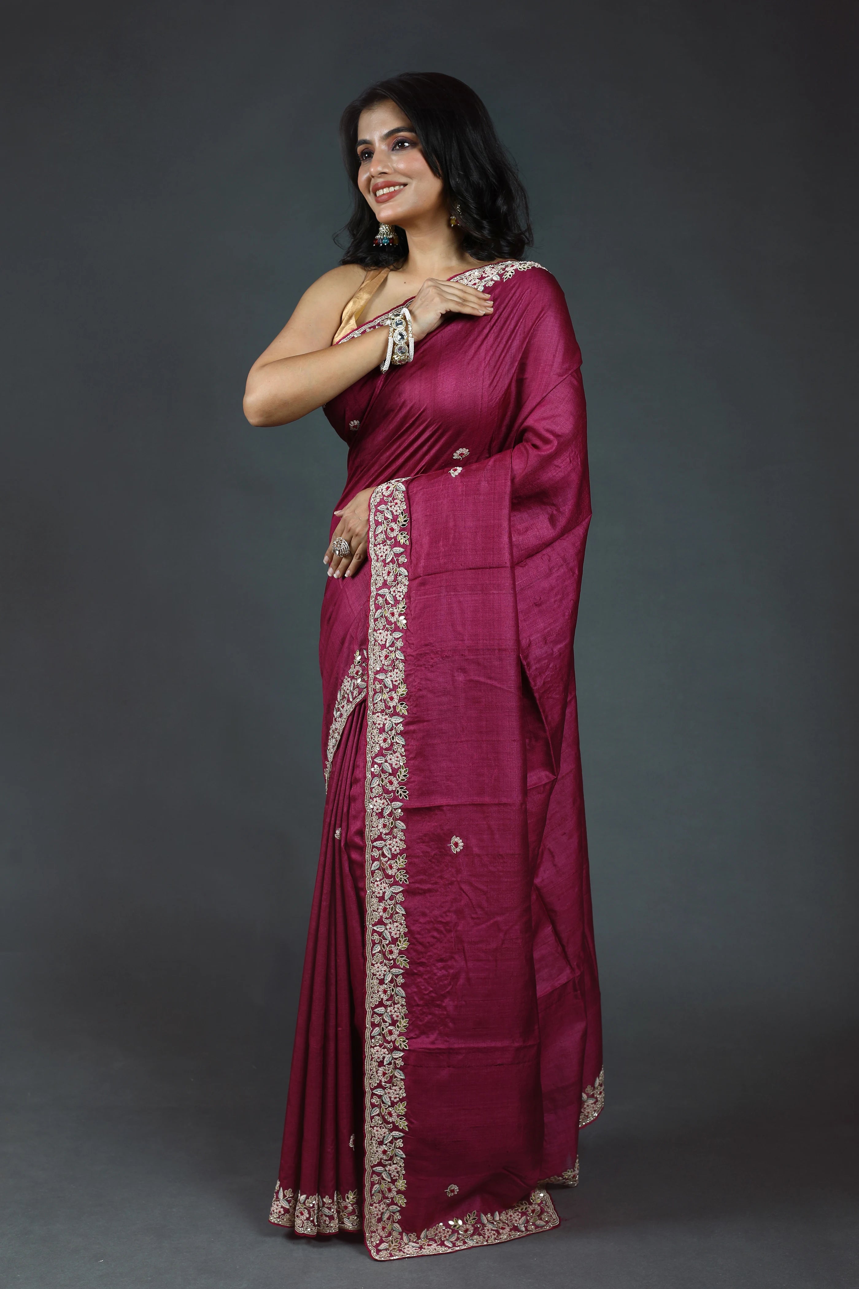 Wine Purple Pure Tussar Zardosi Saree With Blouse Piece