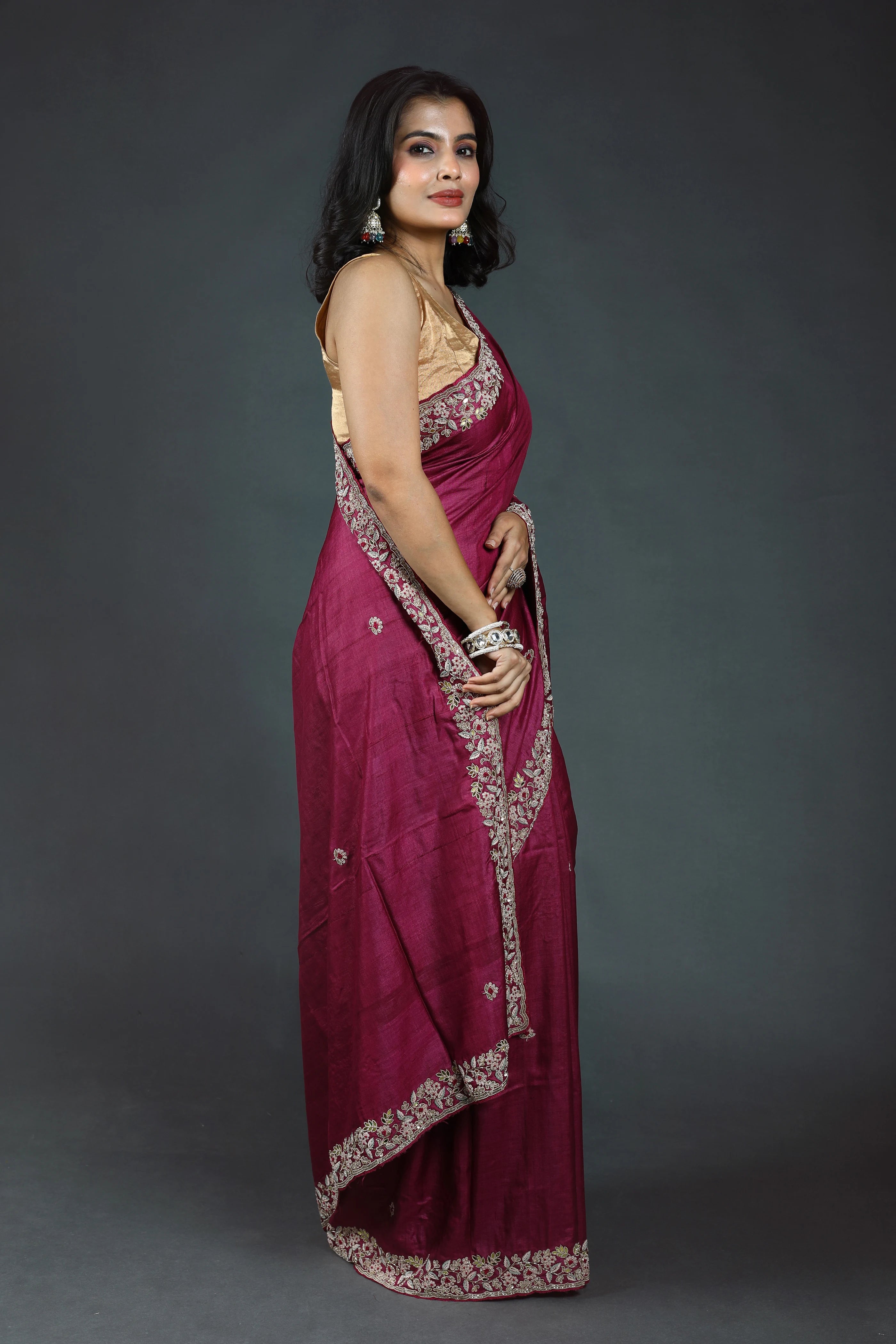 Wine Purple Pure Tussar Zardosi Saree With Blouse Piece