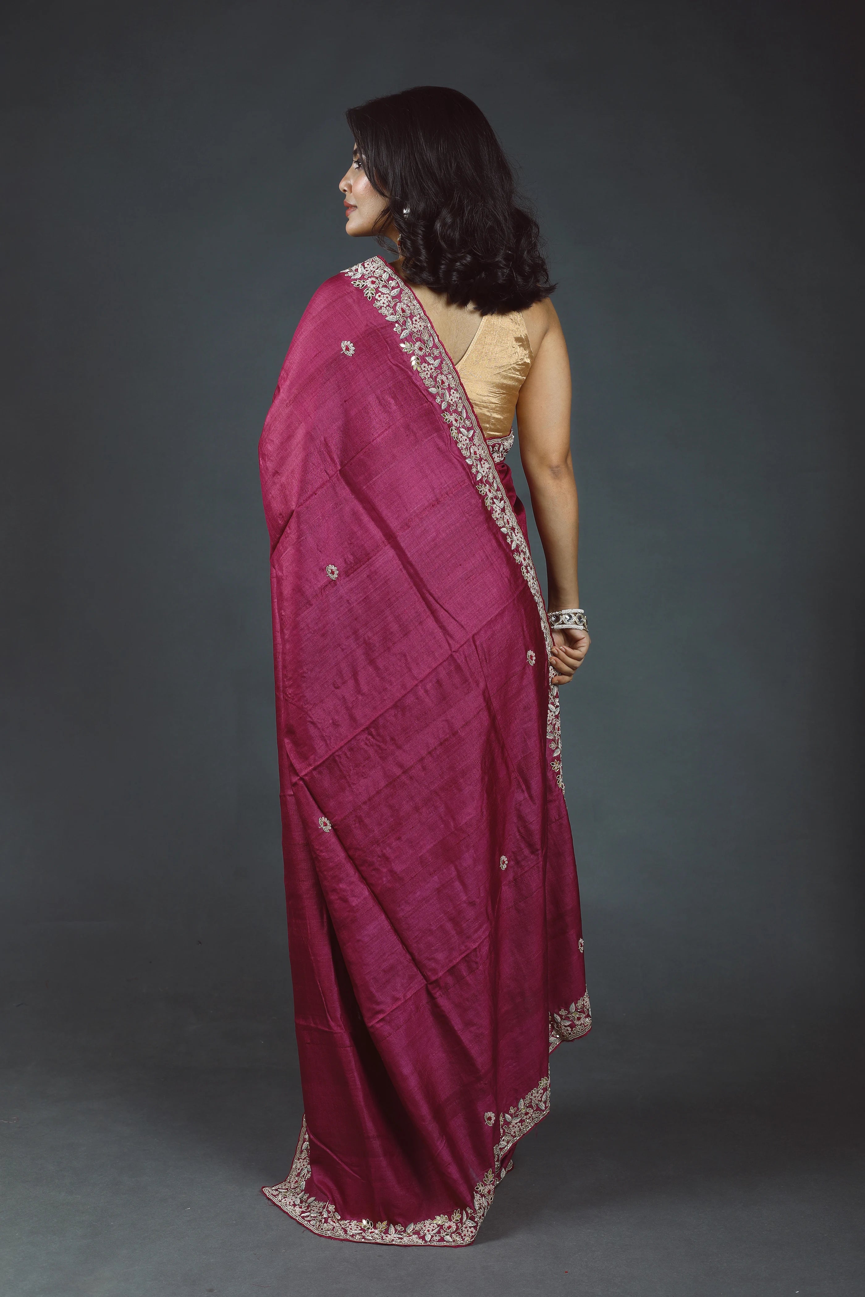 Wine Purple Pure Tussar Zardosi Saree With Blouse Piece