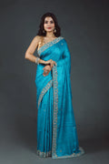 Ocean Blue Pure Tussar Zardosi Saree With Blouse Piece